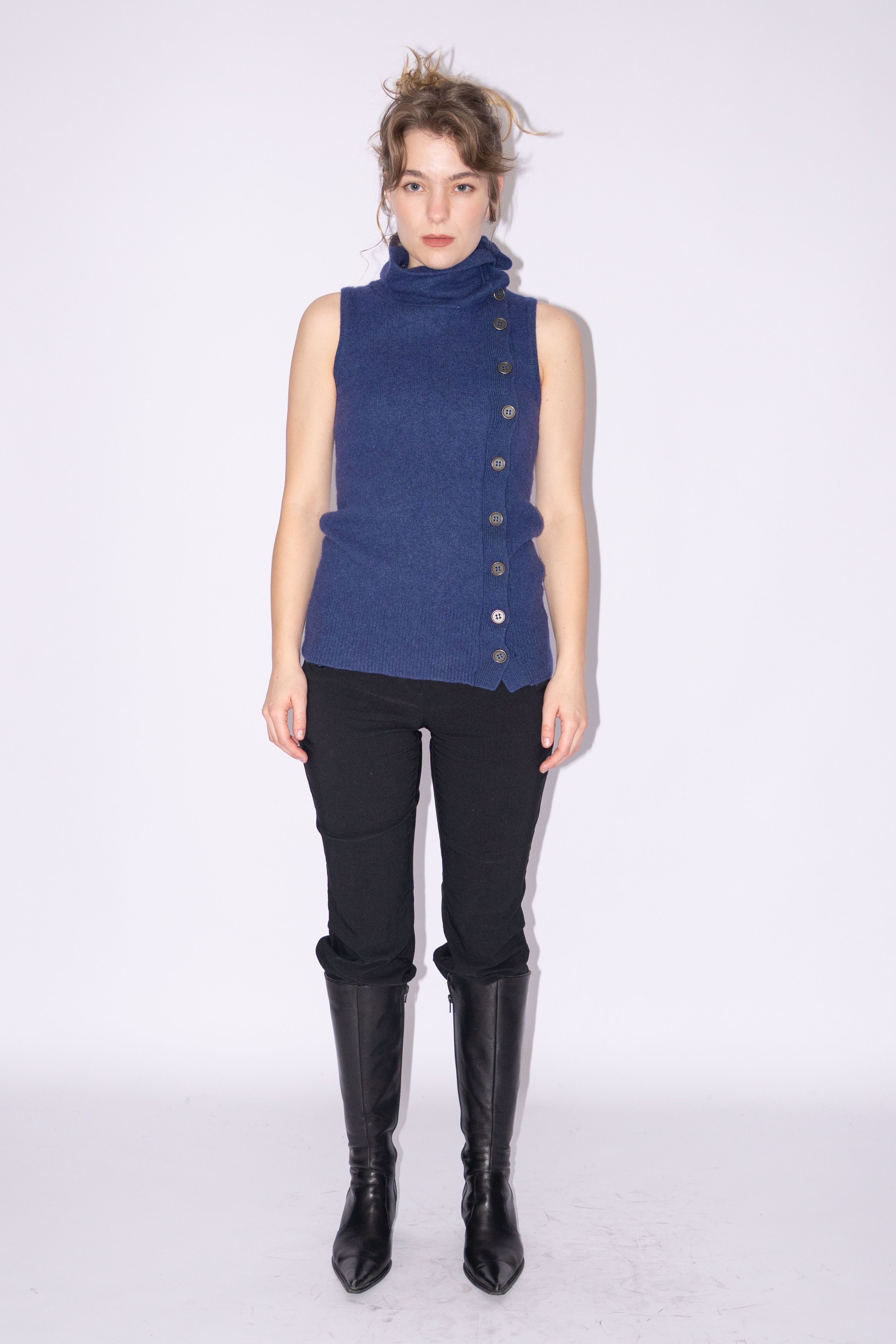 Blue Knit Top Wool Asymmetric Buttons - Size S