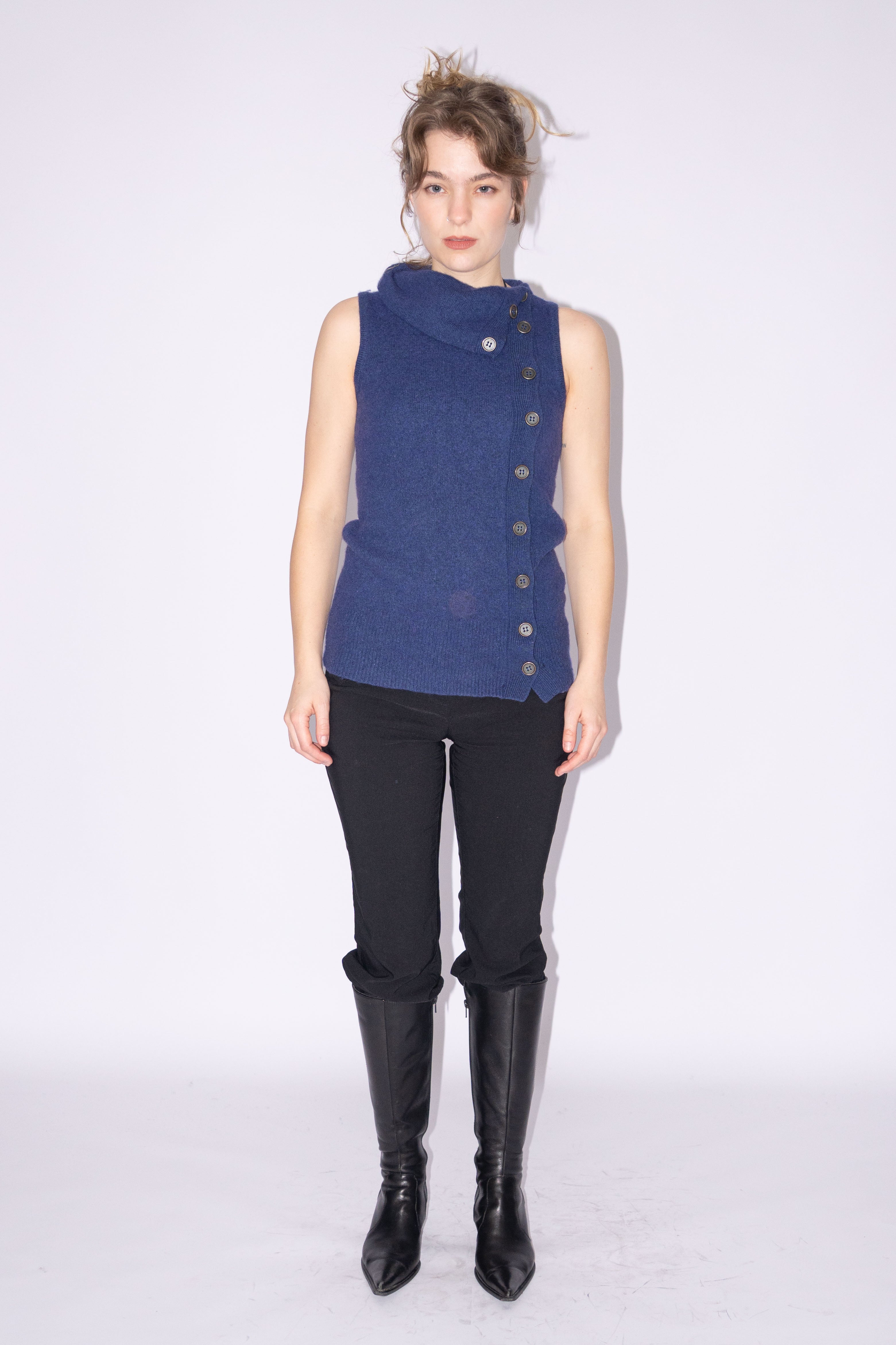 Blue Knit Top Wool Asymmetric Buttons - Size S