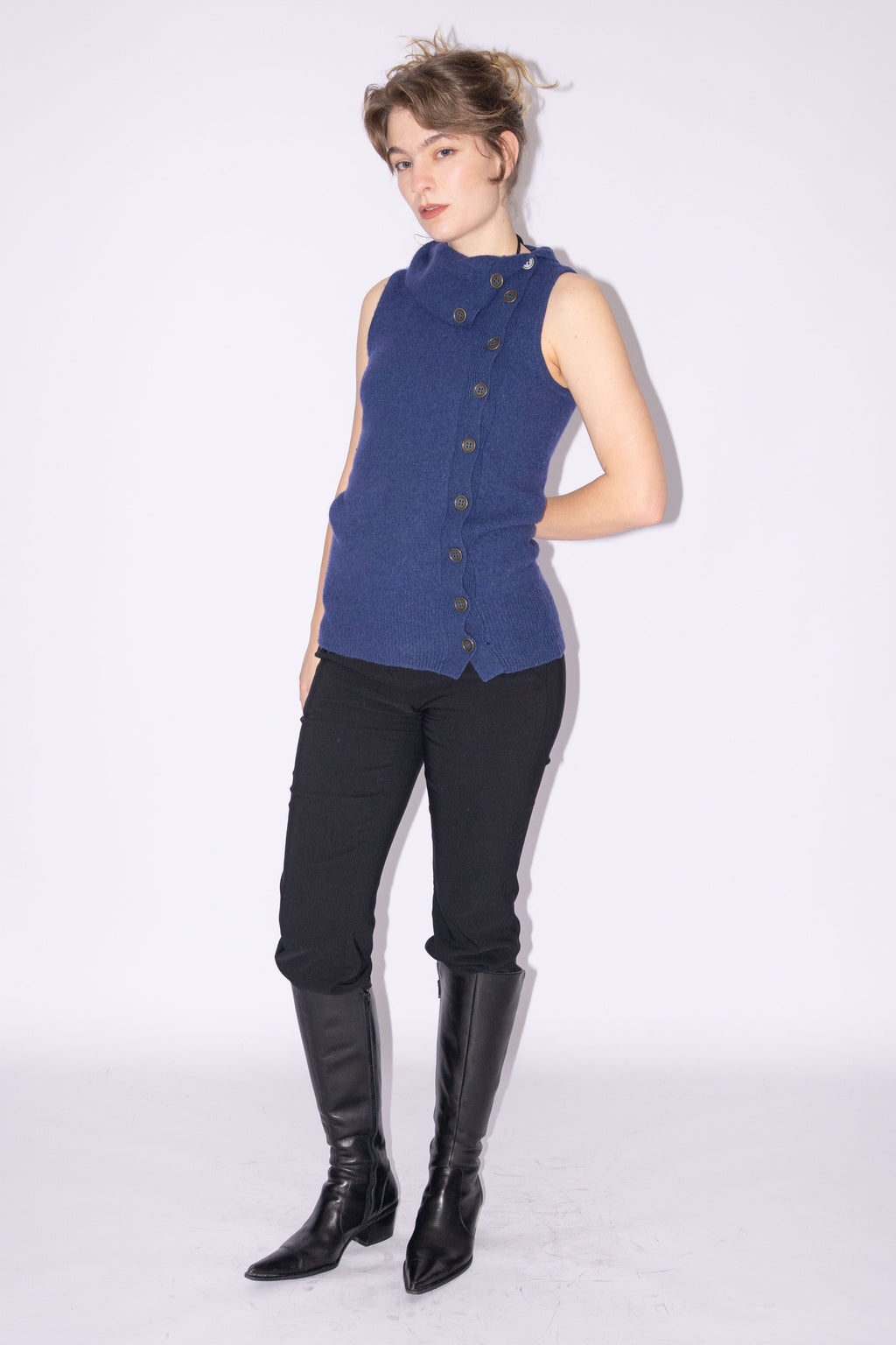 Blue Knit Top Wool Asymmetric Buttons - Size S