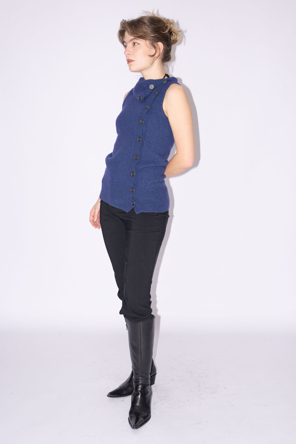 Blue Knit Top Wool Asymmetric Buttons - Size S