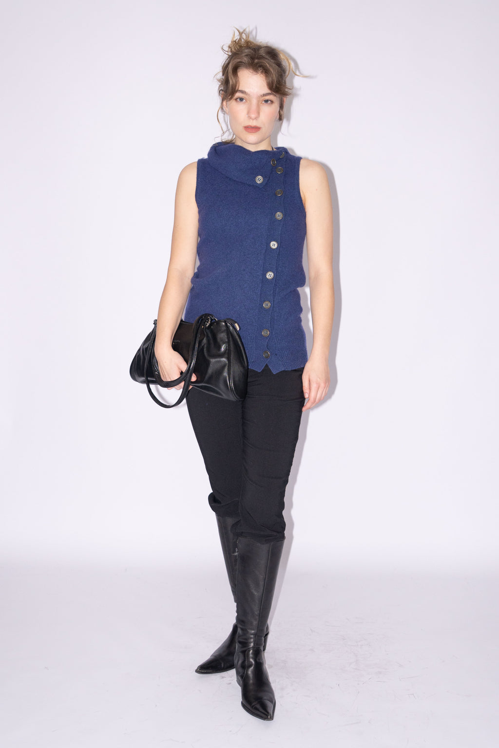 Blue Knit Top Wool Asymmetric Buttons - Size S