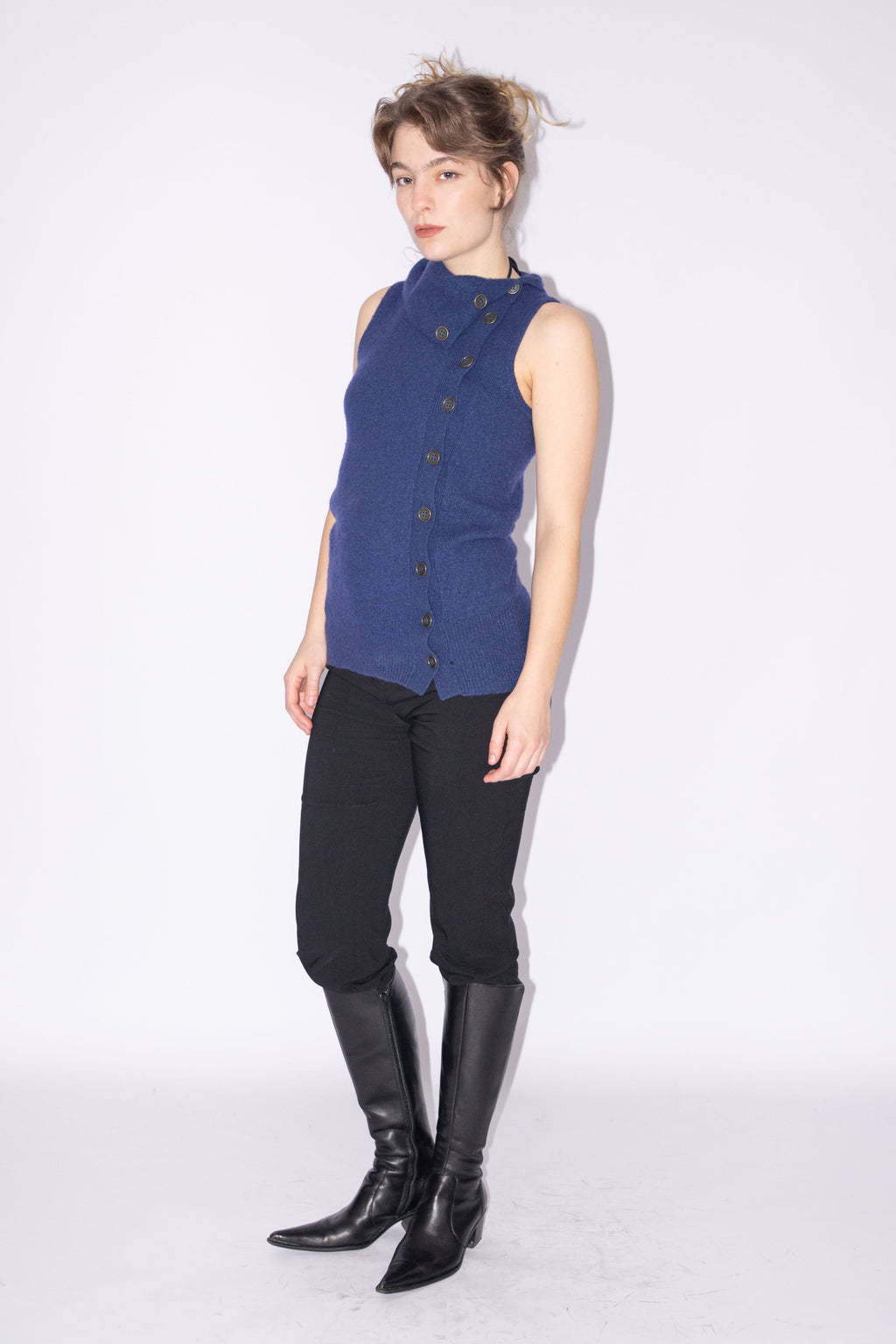 Blue Knit Top Wool Asymmetric Buttons - Size S