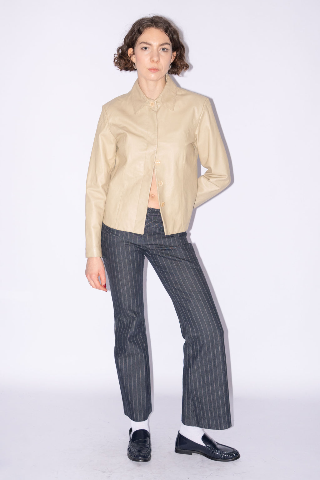 Beige Short Leather Jacket - Size S