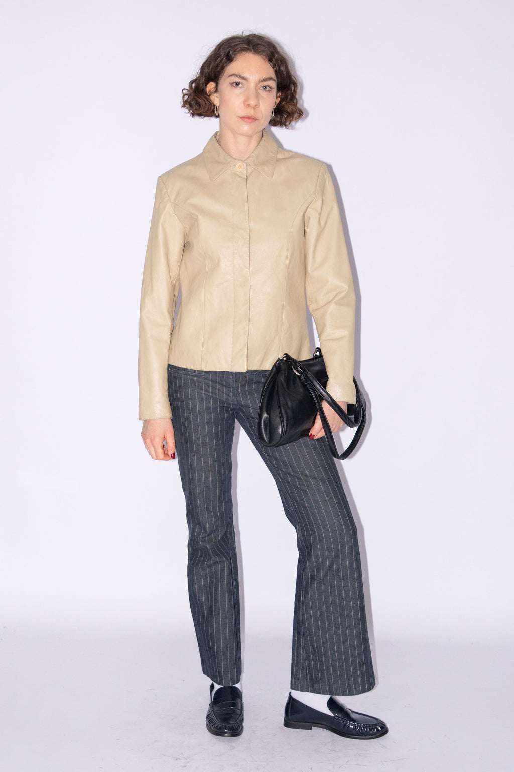 Beige Short Leather Jacket - Size S