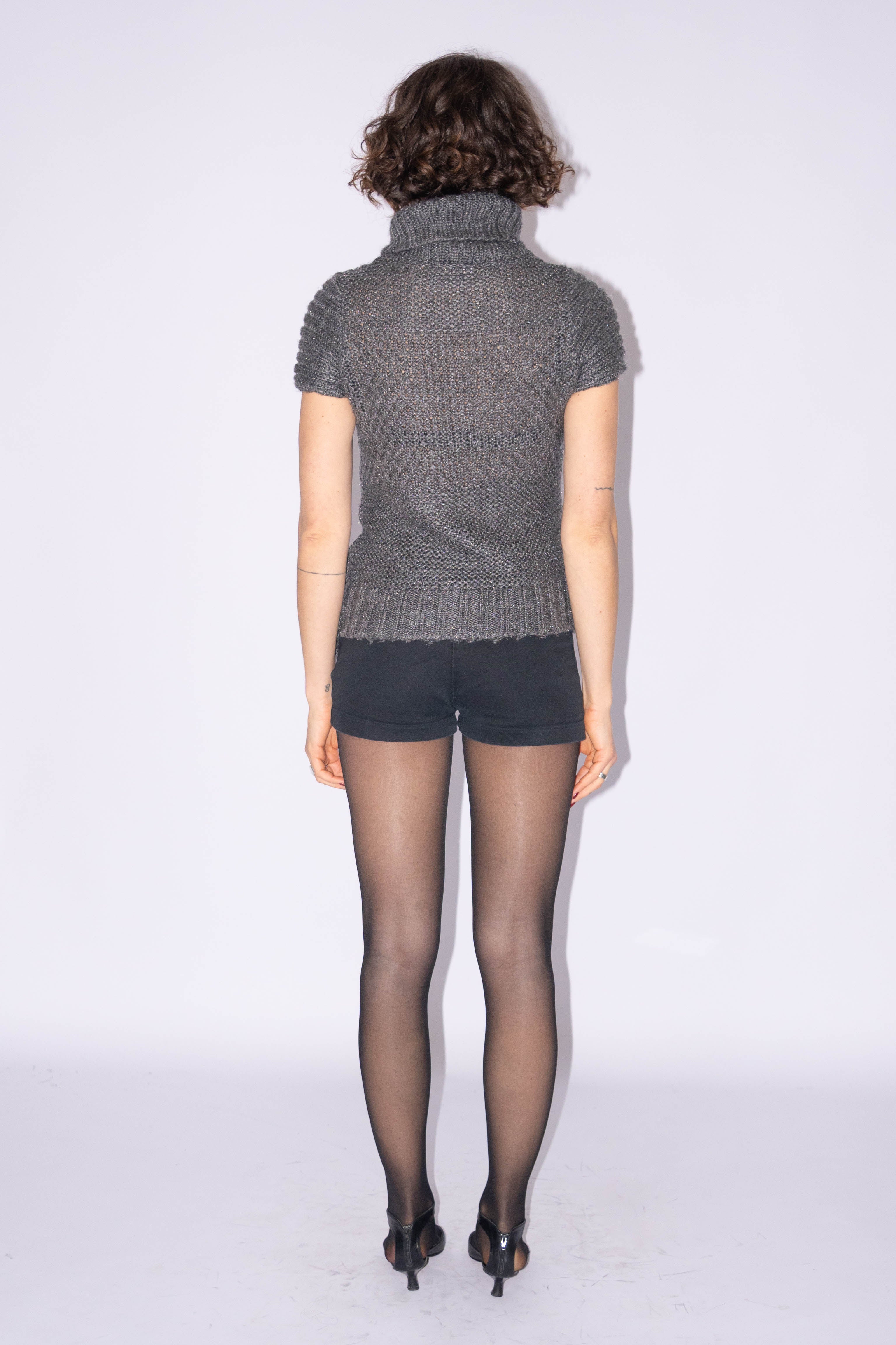 Grey Knit Top Short Sleeve Asymmetric