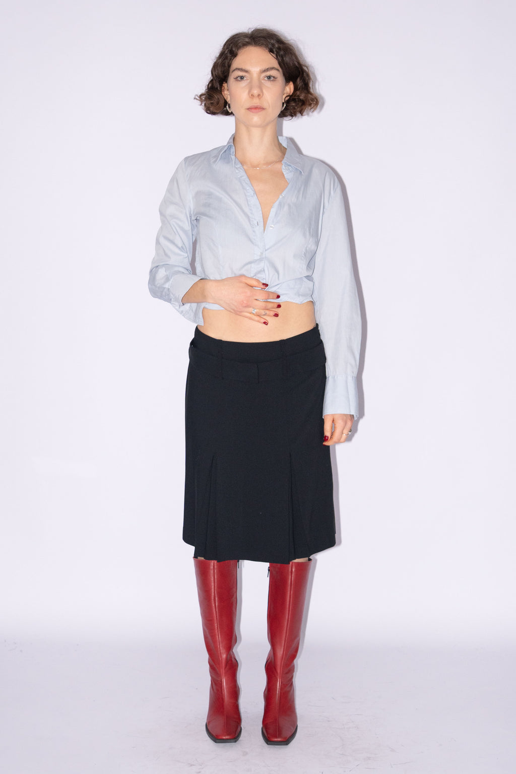 Black Pleated Wool Skirt With Belt - Size M