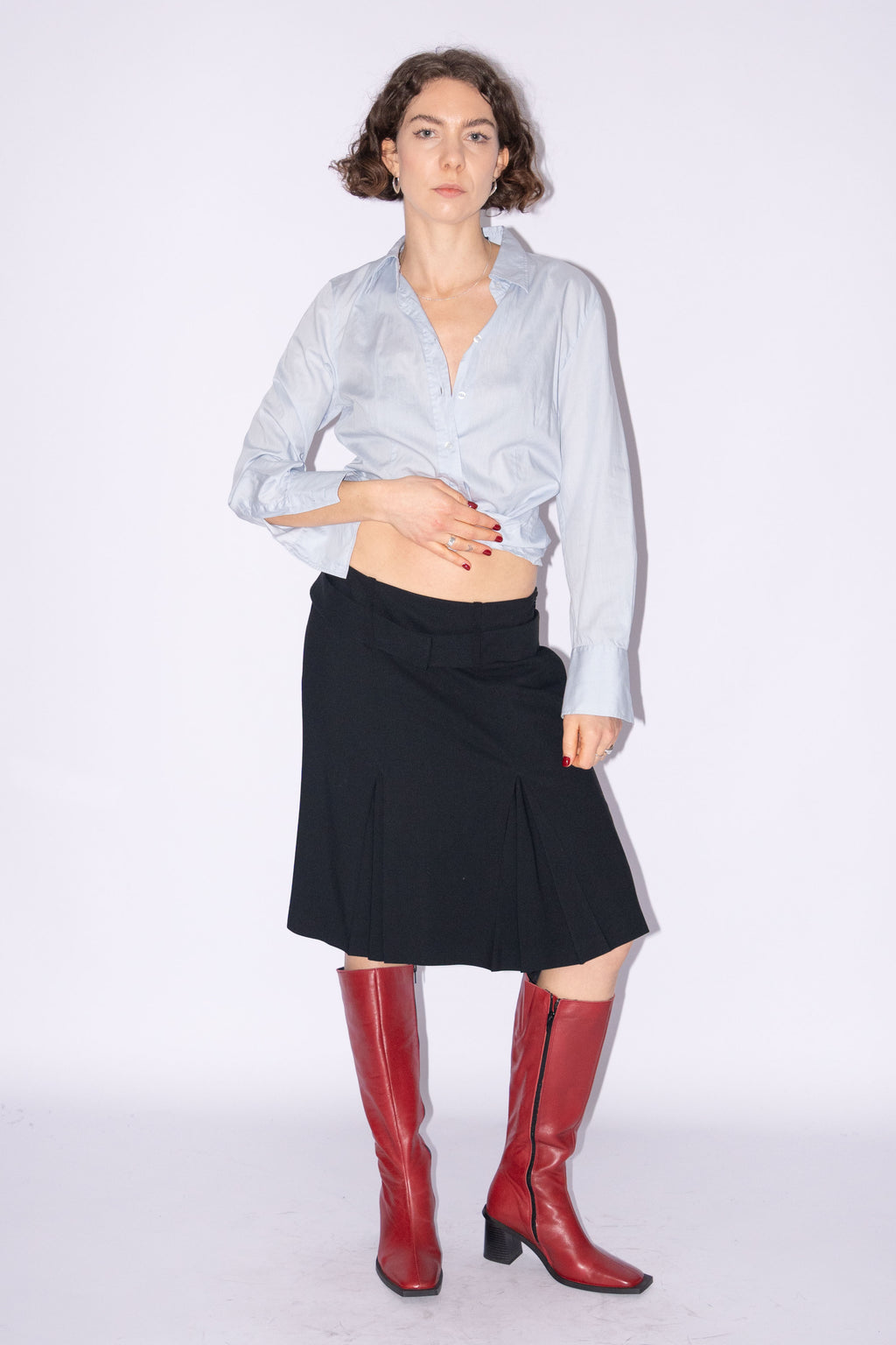 Black Pleated Wool Skirt With Belt - Size M