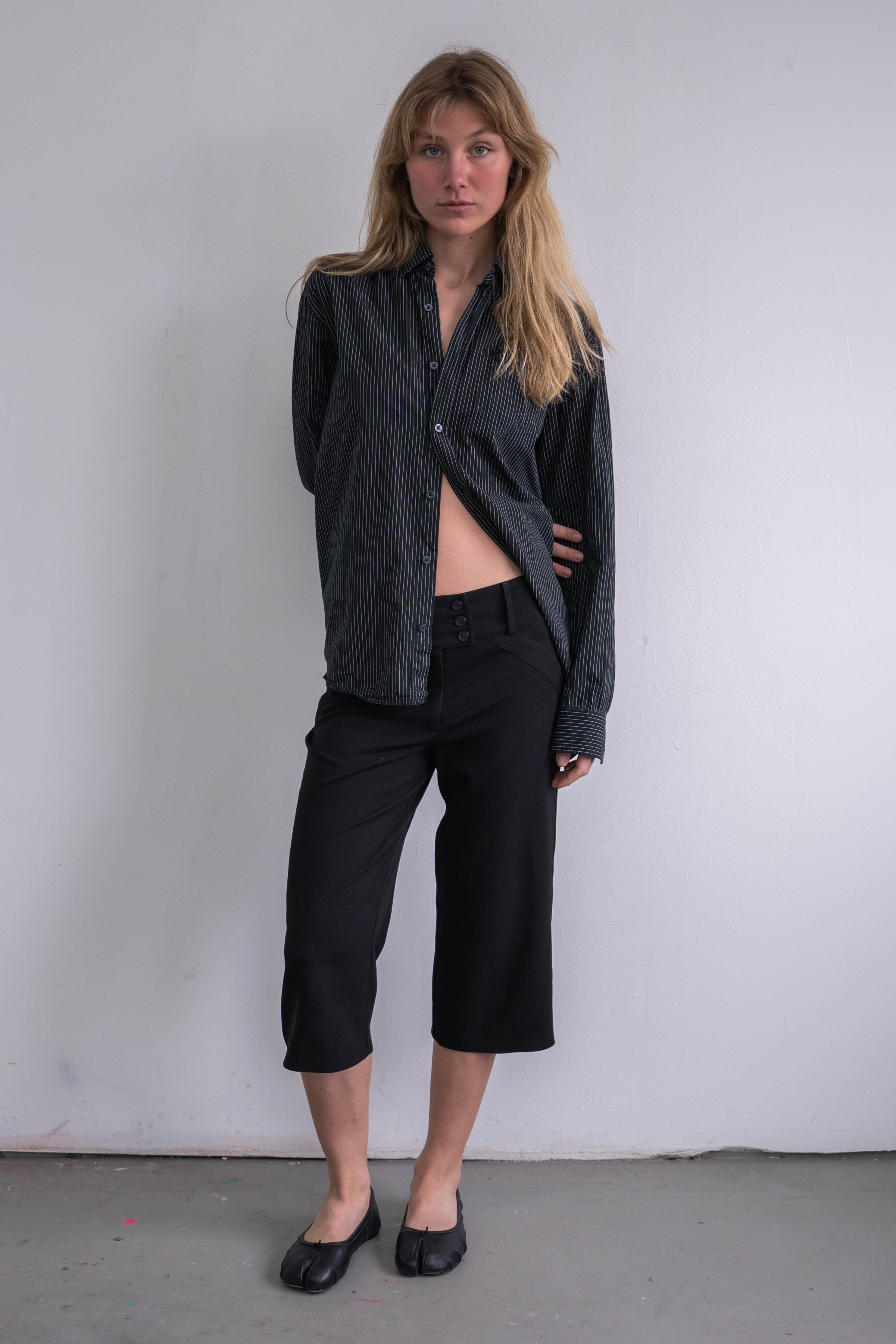 Black Blouse White Stripes - Size L