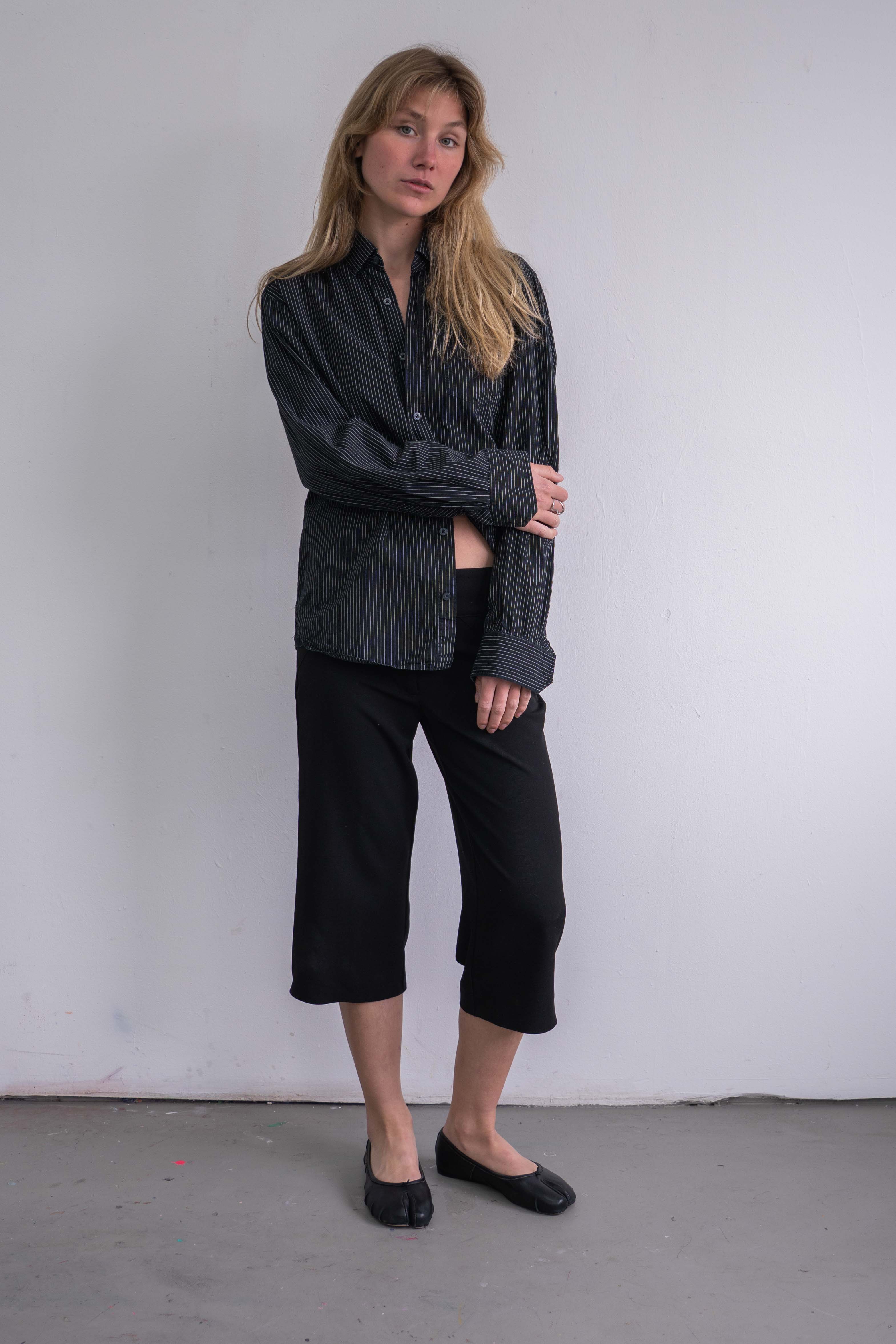 Black Blouse White Stripes - Size L