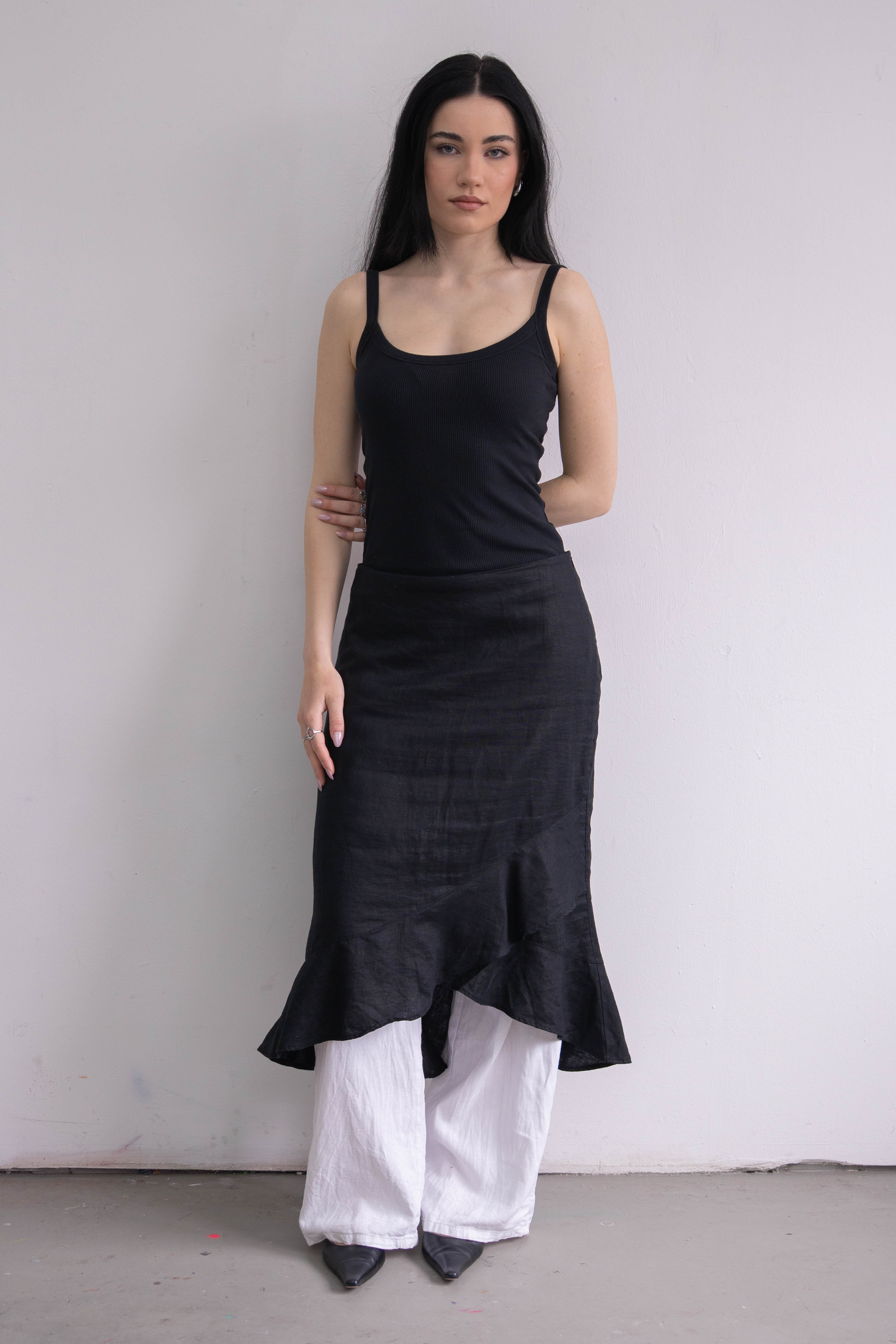 Black Long Linen Skirt - Size M/L