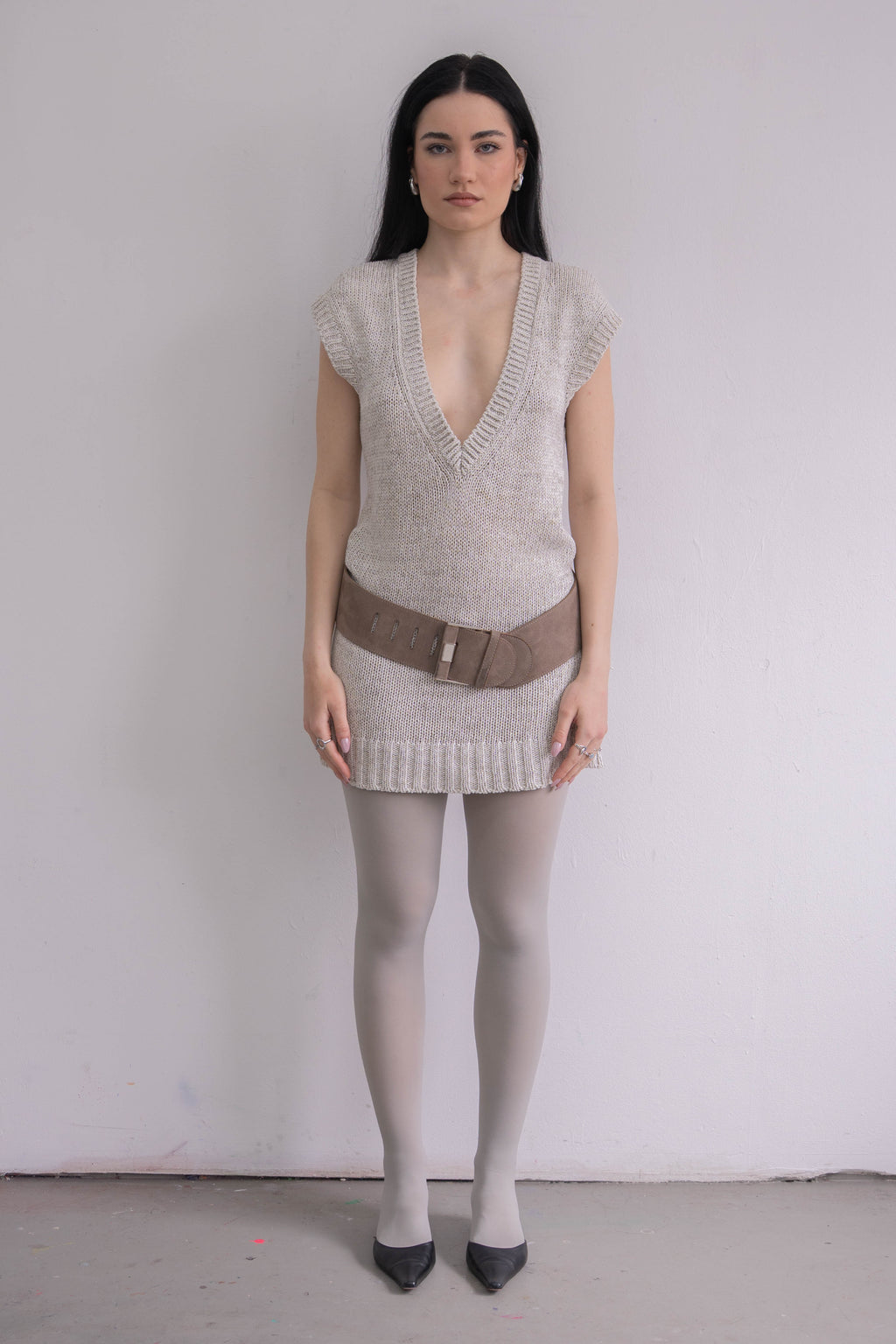 Beige Deep V-Neck Knit Dress - Size L