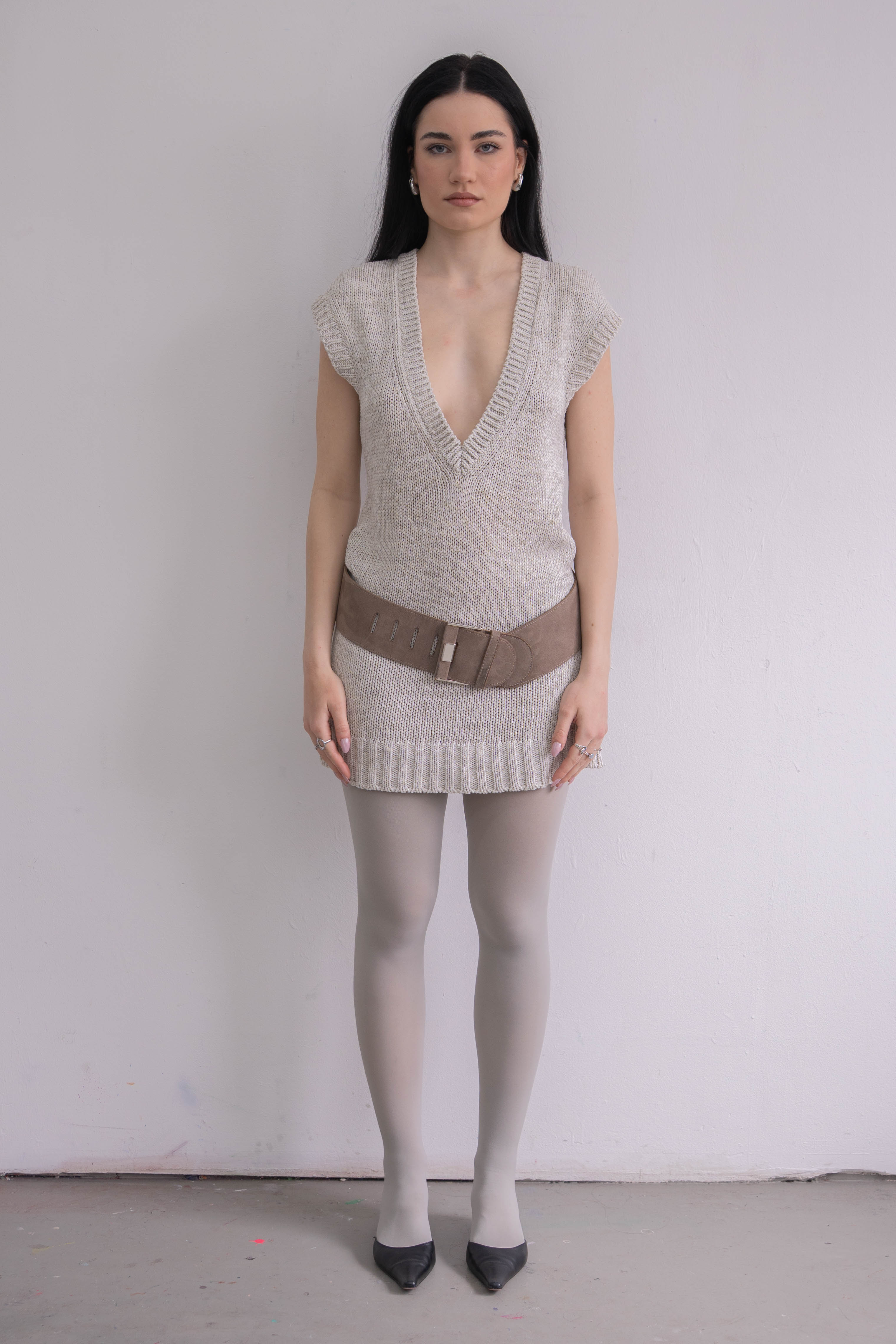 Beige Deep V-Neck Knit Dress - Size L