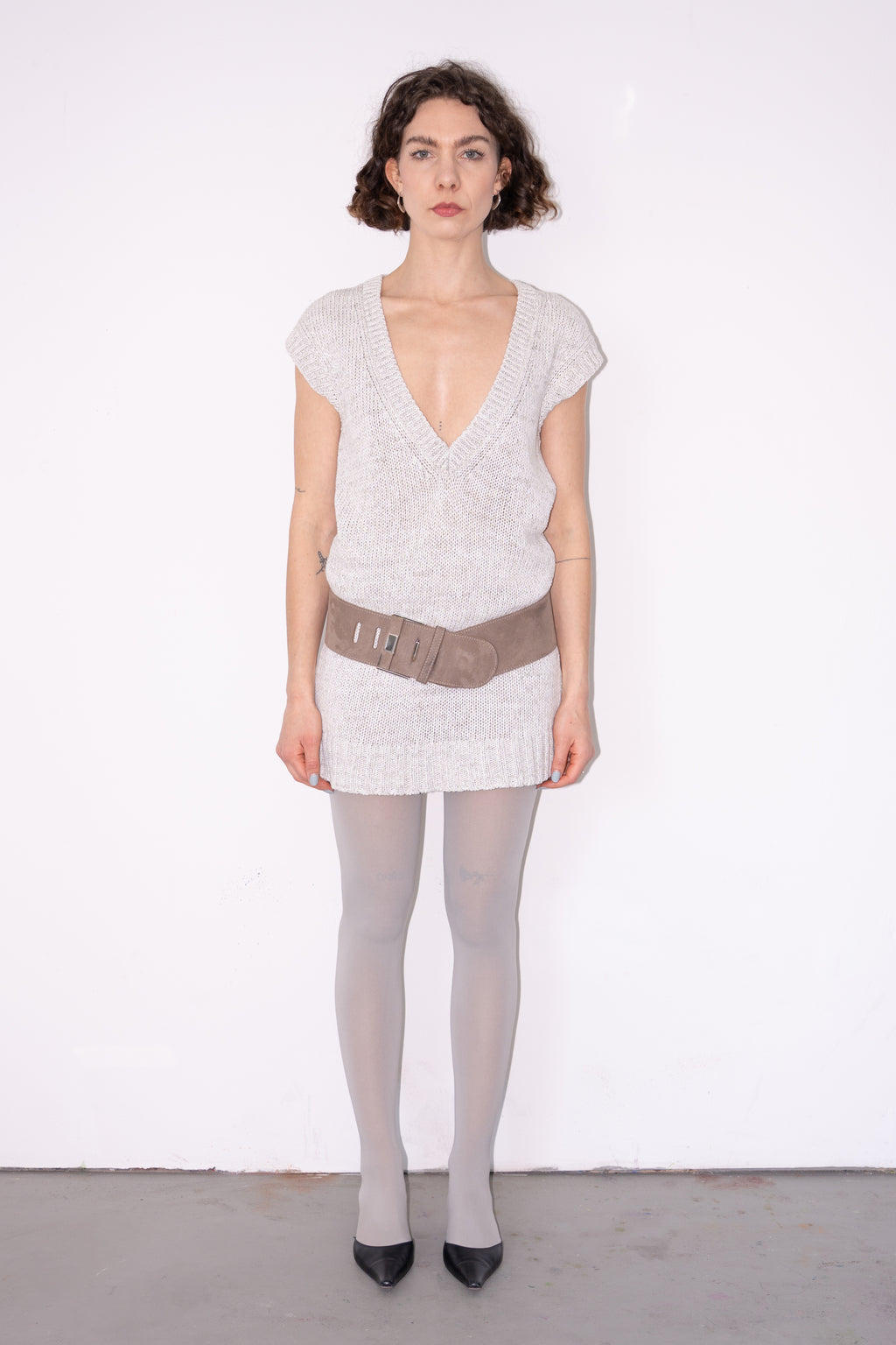Beige Deep V-Neck Knit Dress - Size L