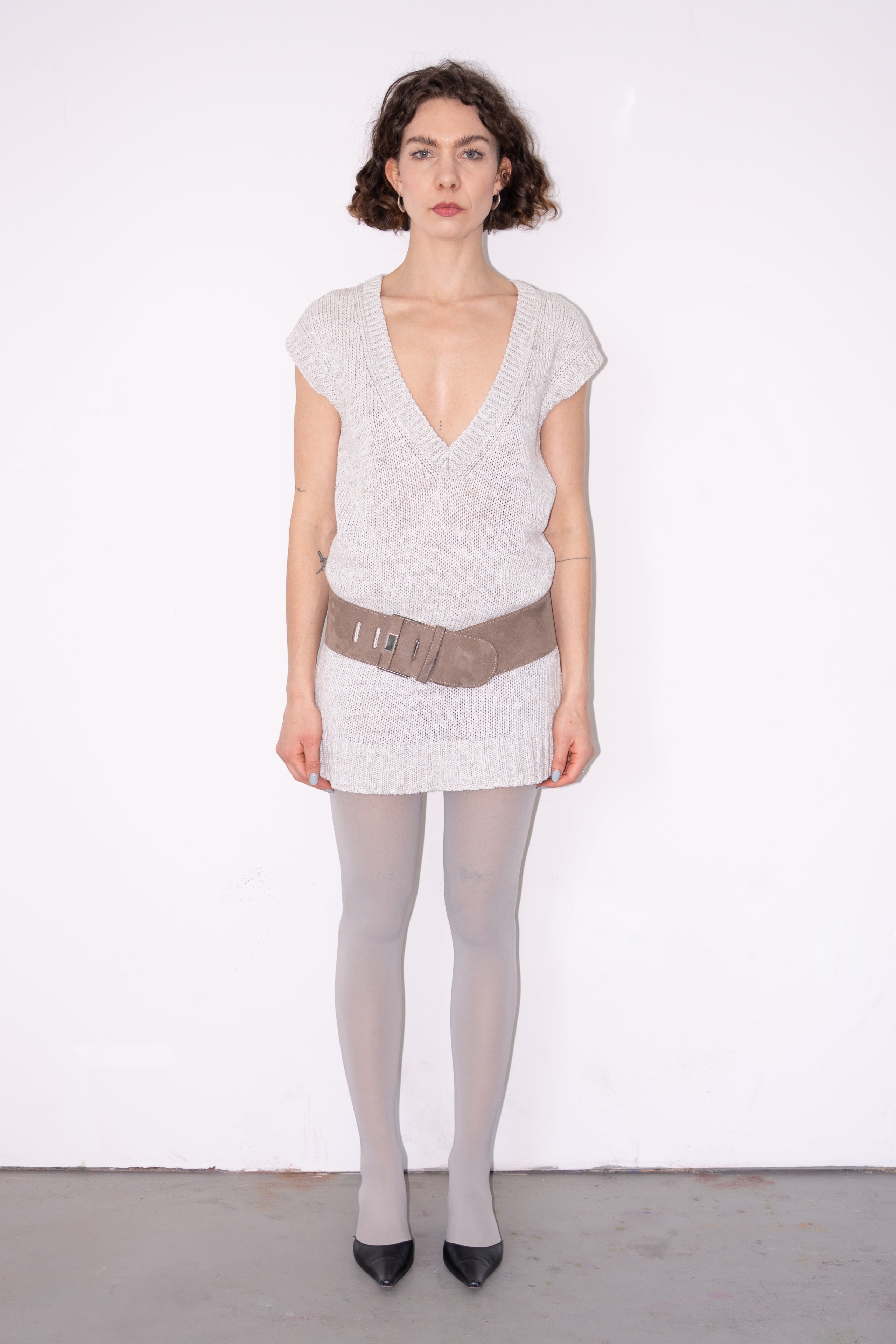 Beige Deep V-Neck Knit Dress - Size L