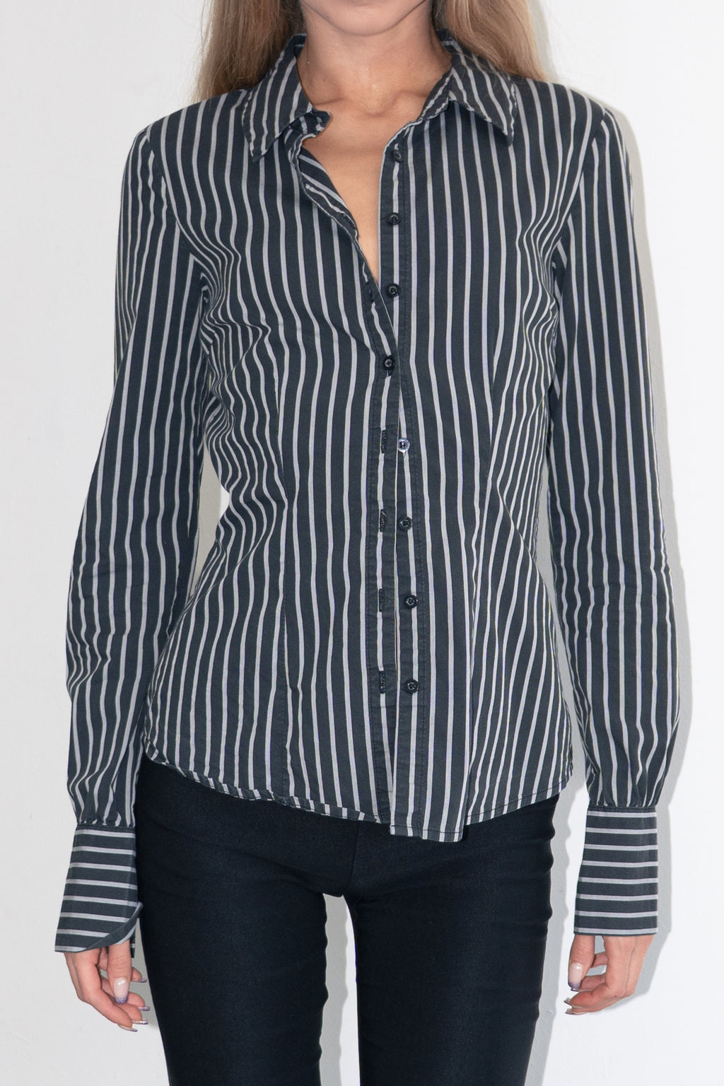 Striped Blouse Tailored Grey Black - Size S