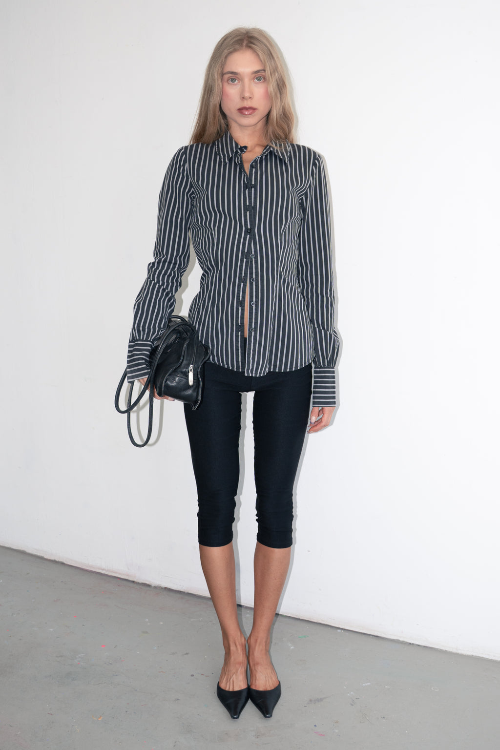 Striped Blouse Tailored Grey Black - Size S