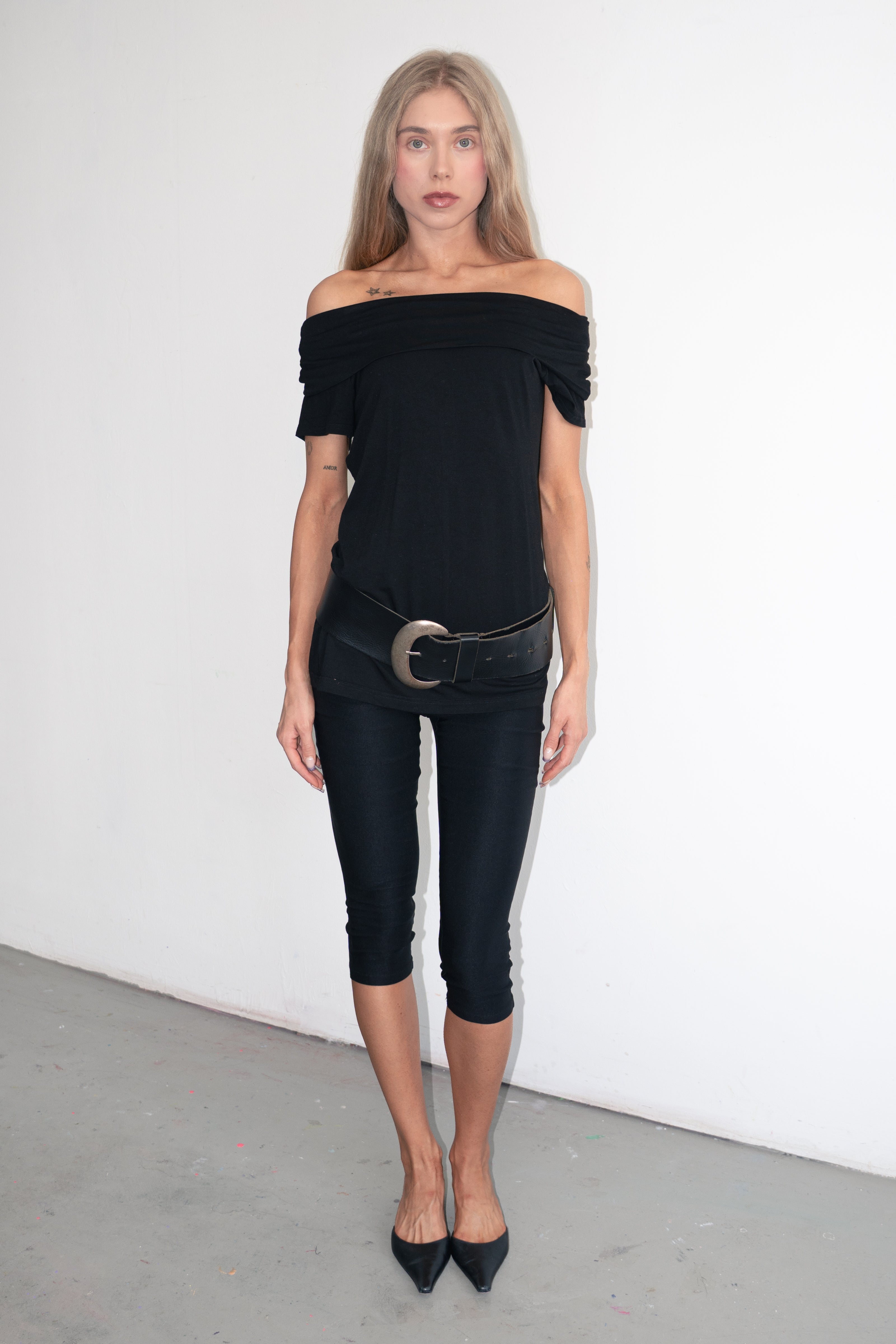 Black Off The Shoulder Top Short Sleeve - Size L