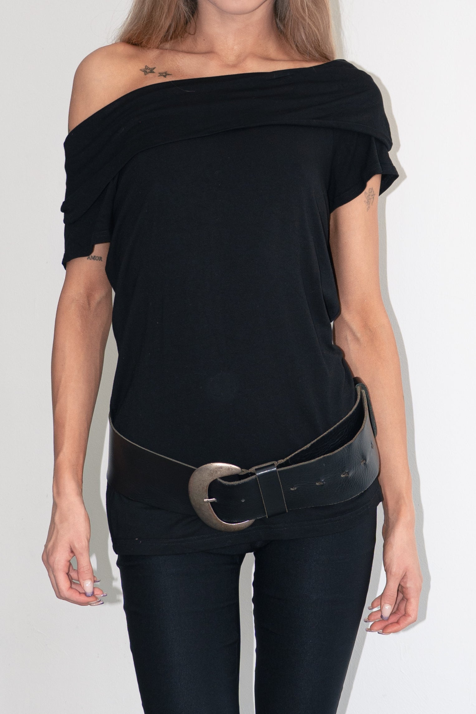 Black Off The Shoulder Top Short Sleeve - Size L