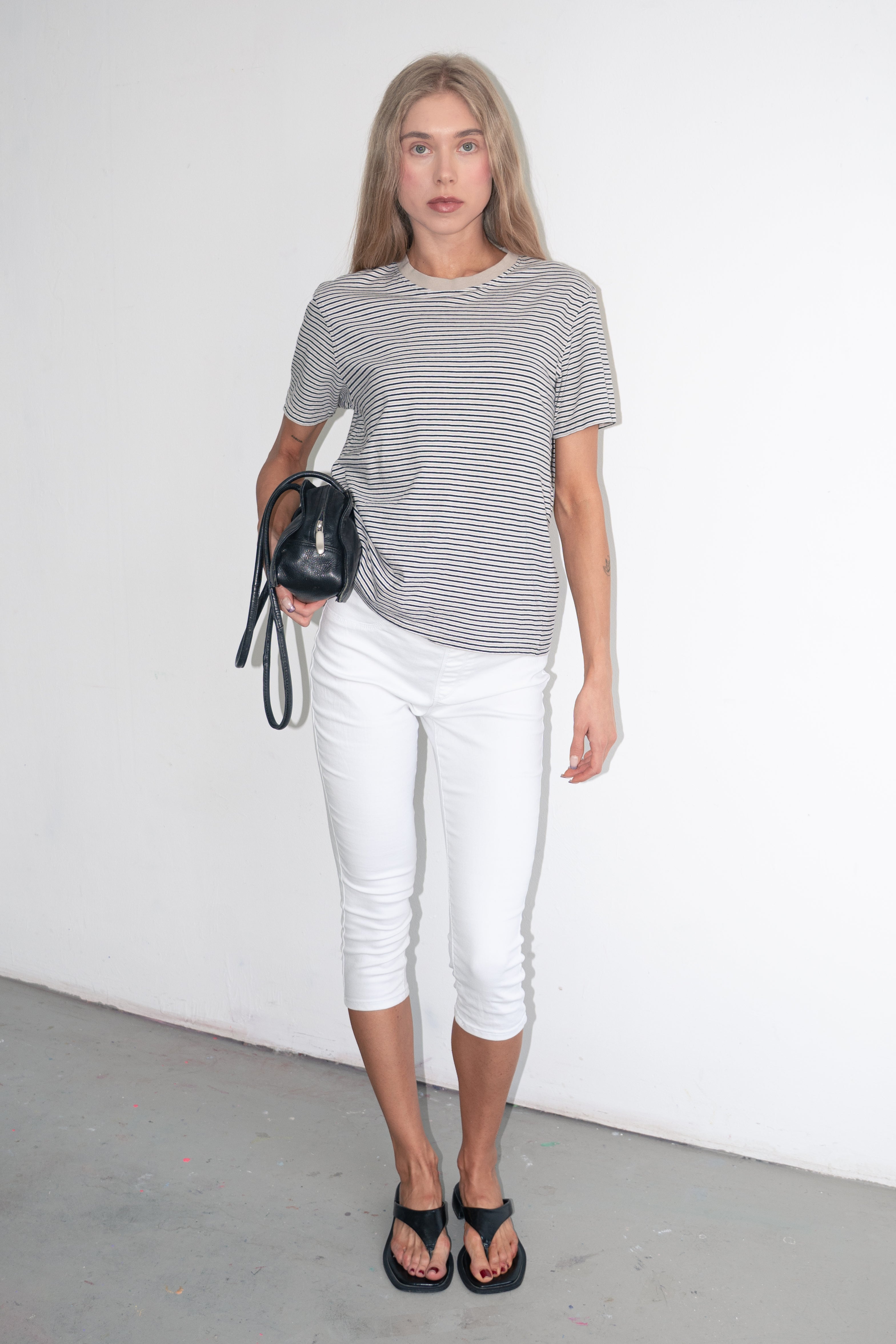 Striped T-Shirt Beige Black White - M/L
