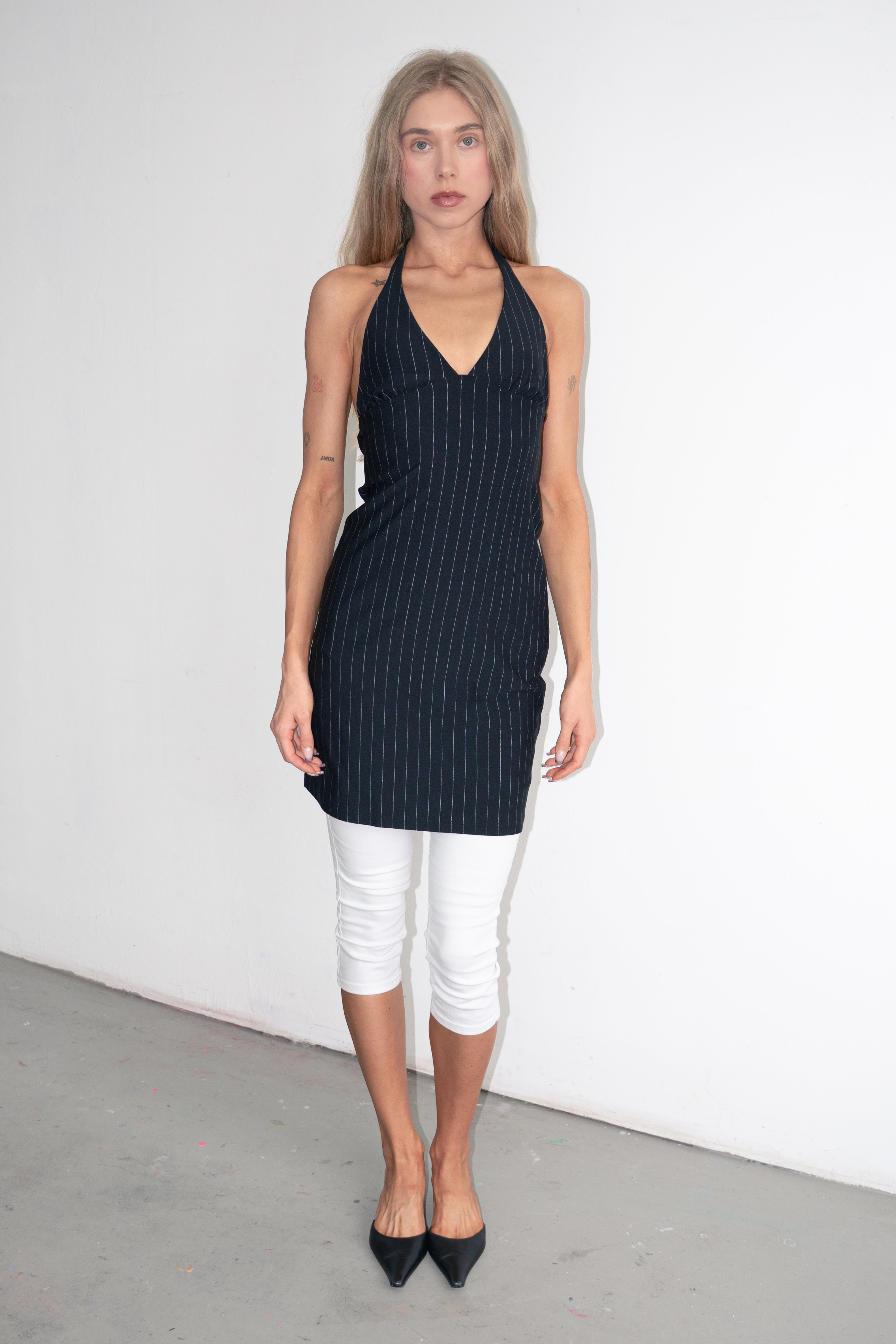 Black Halter Dress Pinstripe - Size M