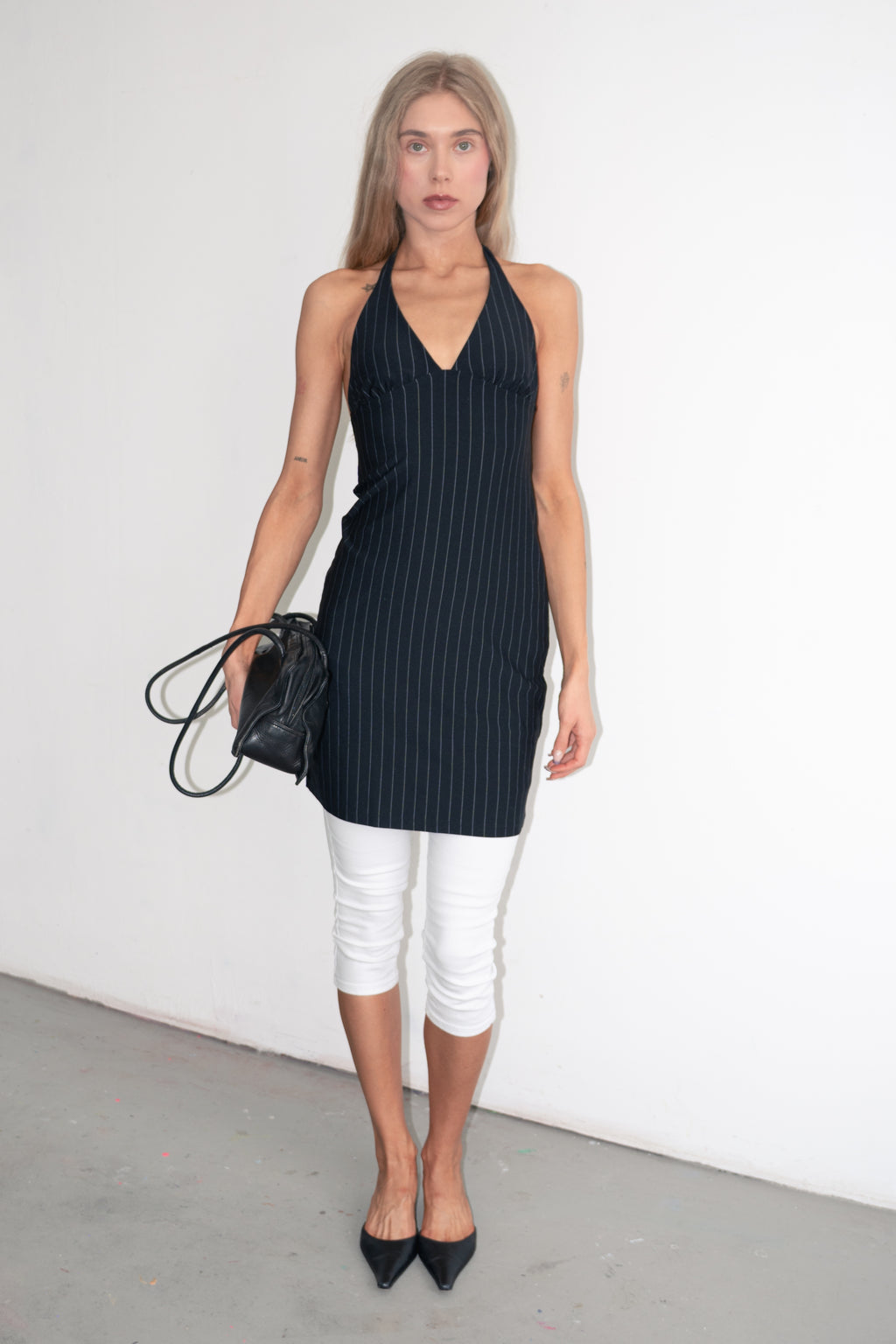 Black Halter Dress Pinstripe - Size M