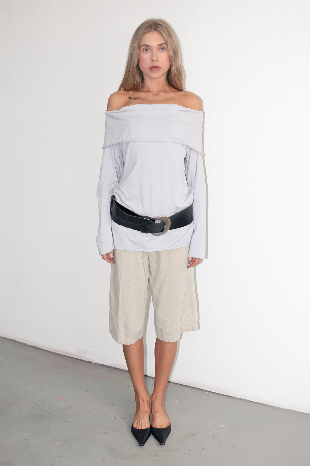 Grey/Blue Off The Shoulder Top - Size L