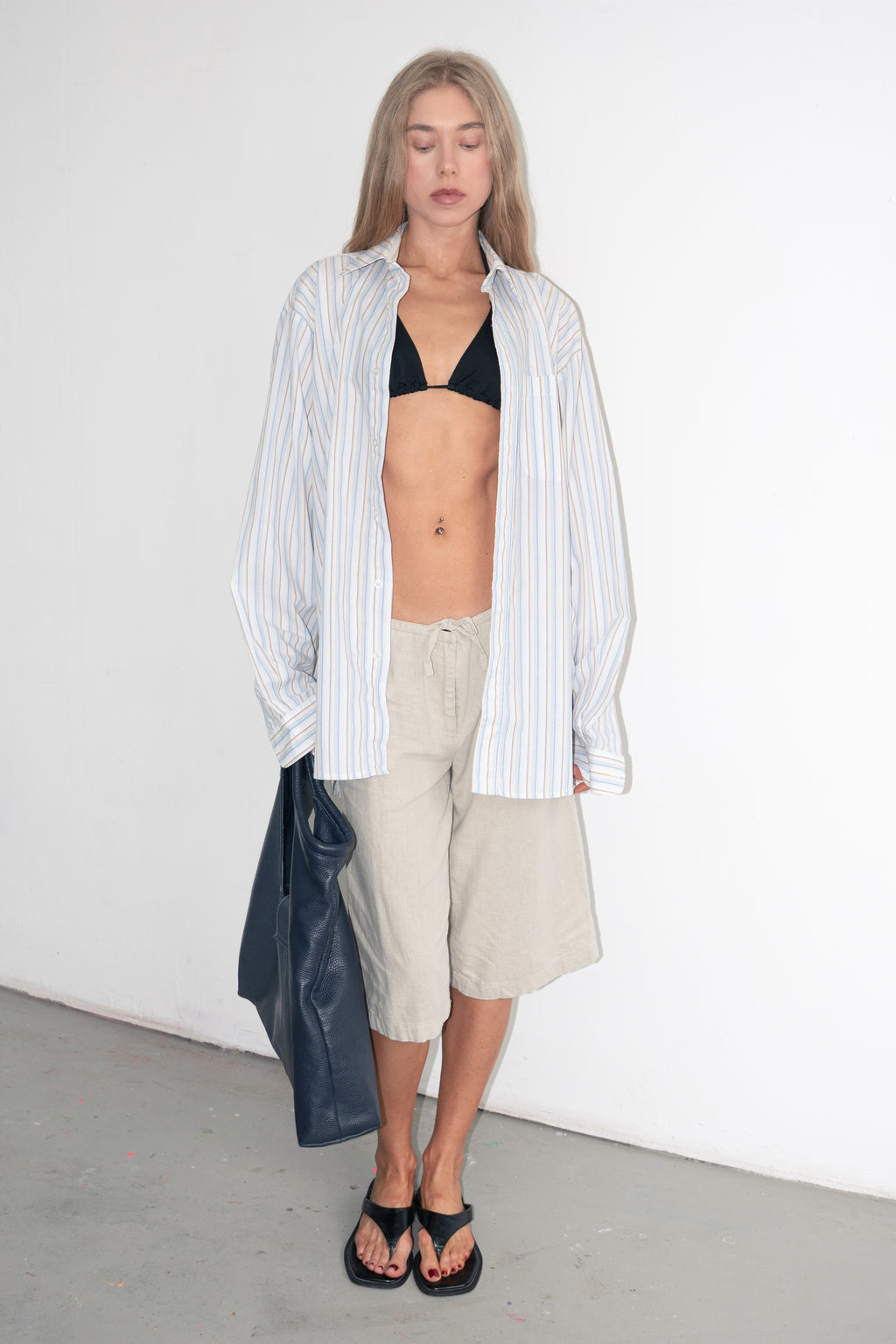 Oversized Men's Shirt Stripe Beige Light Blue - Size XXL
