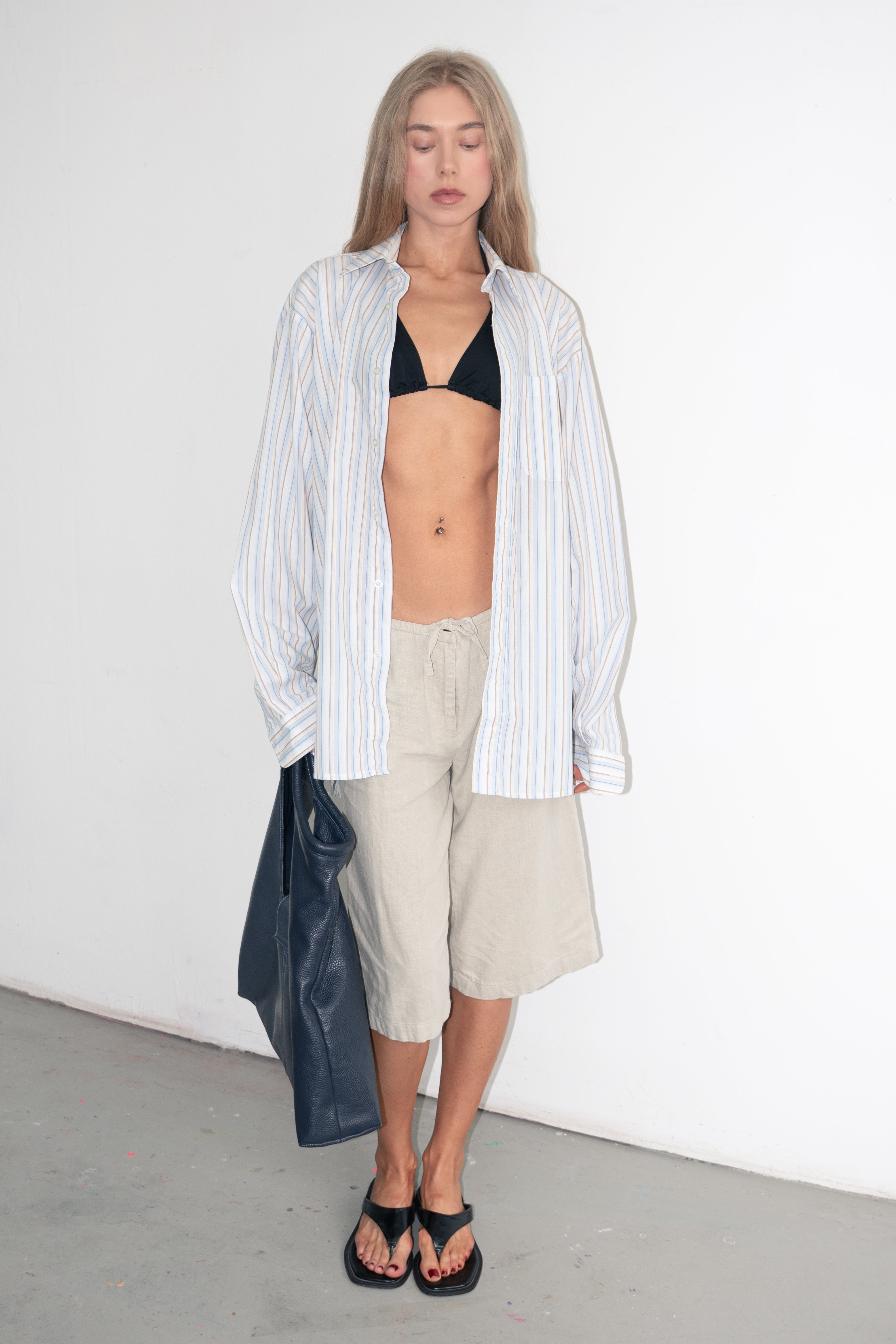 Oversized Men's Shirt Stripe Beige Light Blue - Size XXL