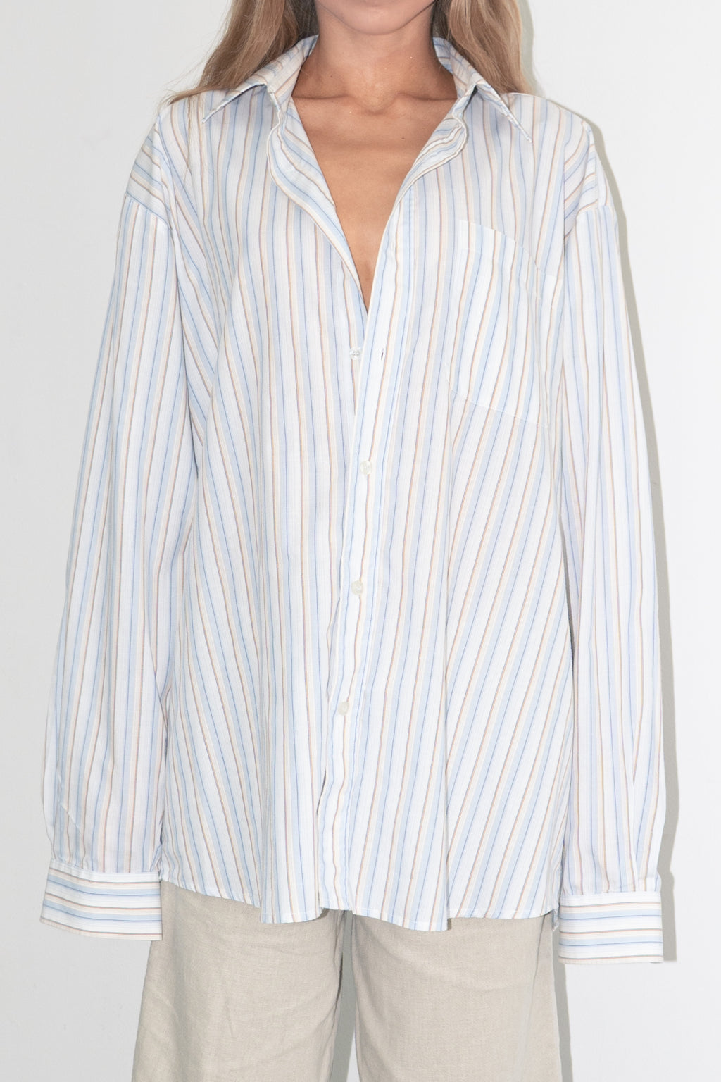 Oversized Men's Shirt Stripe Beige Light Blue - Size XXL