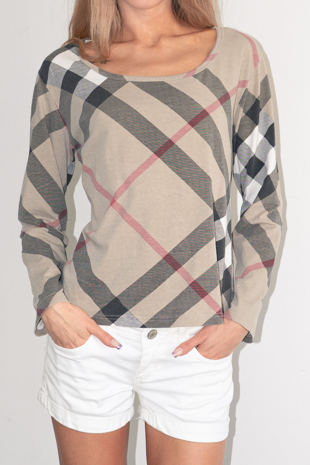 Top 3/4 Sleeve Beige Plaid - Size XL