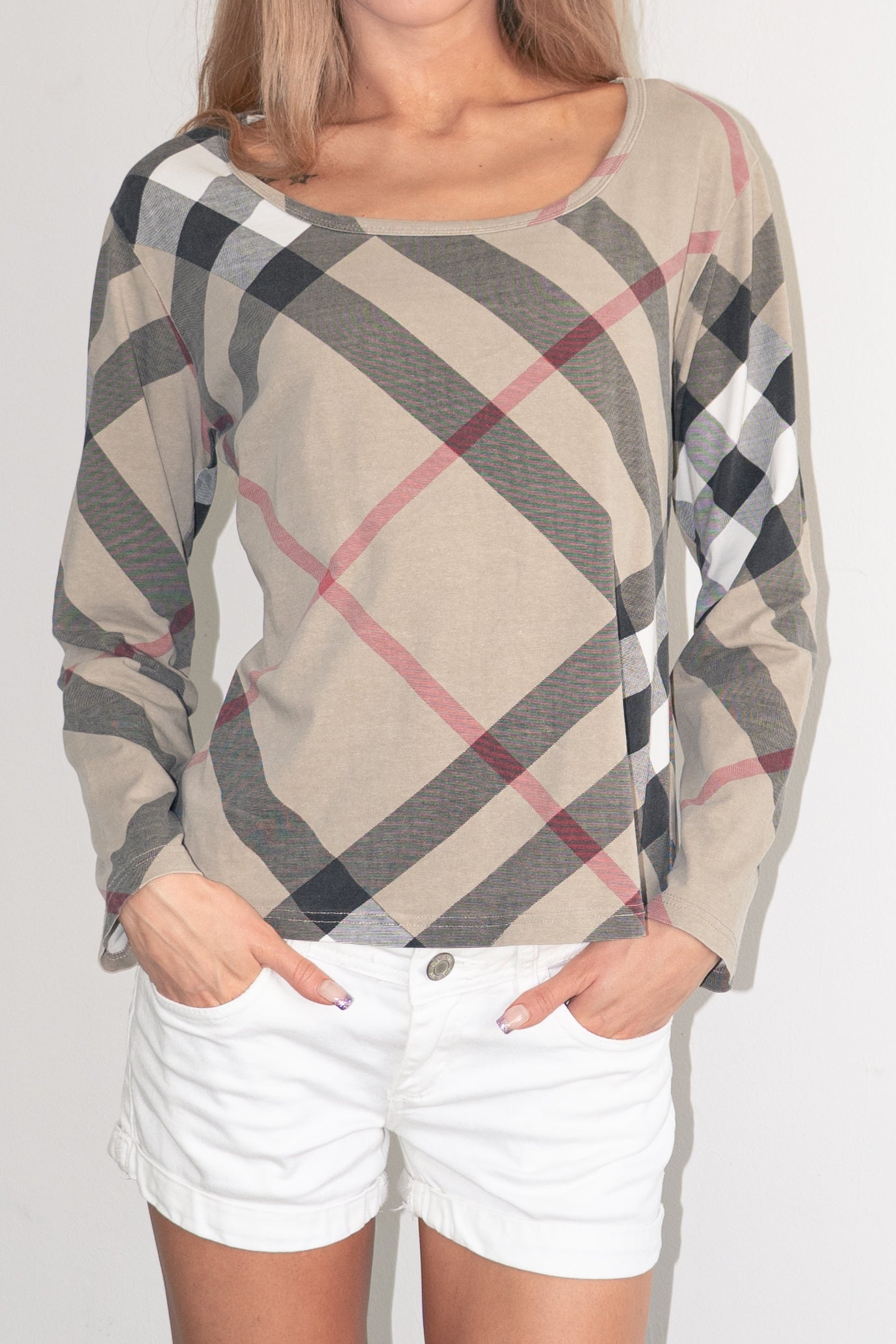 Top 3/4 Sleeve Beige Plaid - Size XL