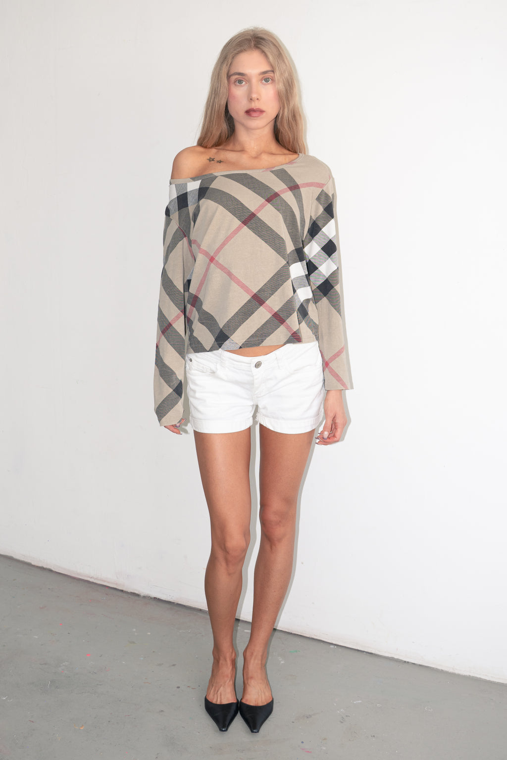 Top 3/4 Sleeve Beige Plaid - Size XL