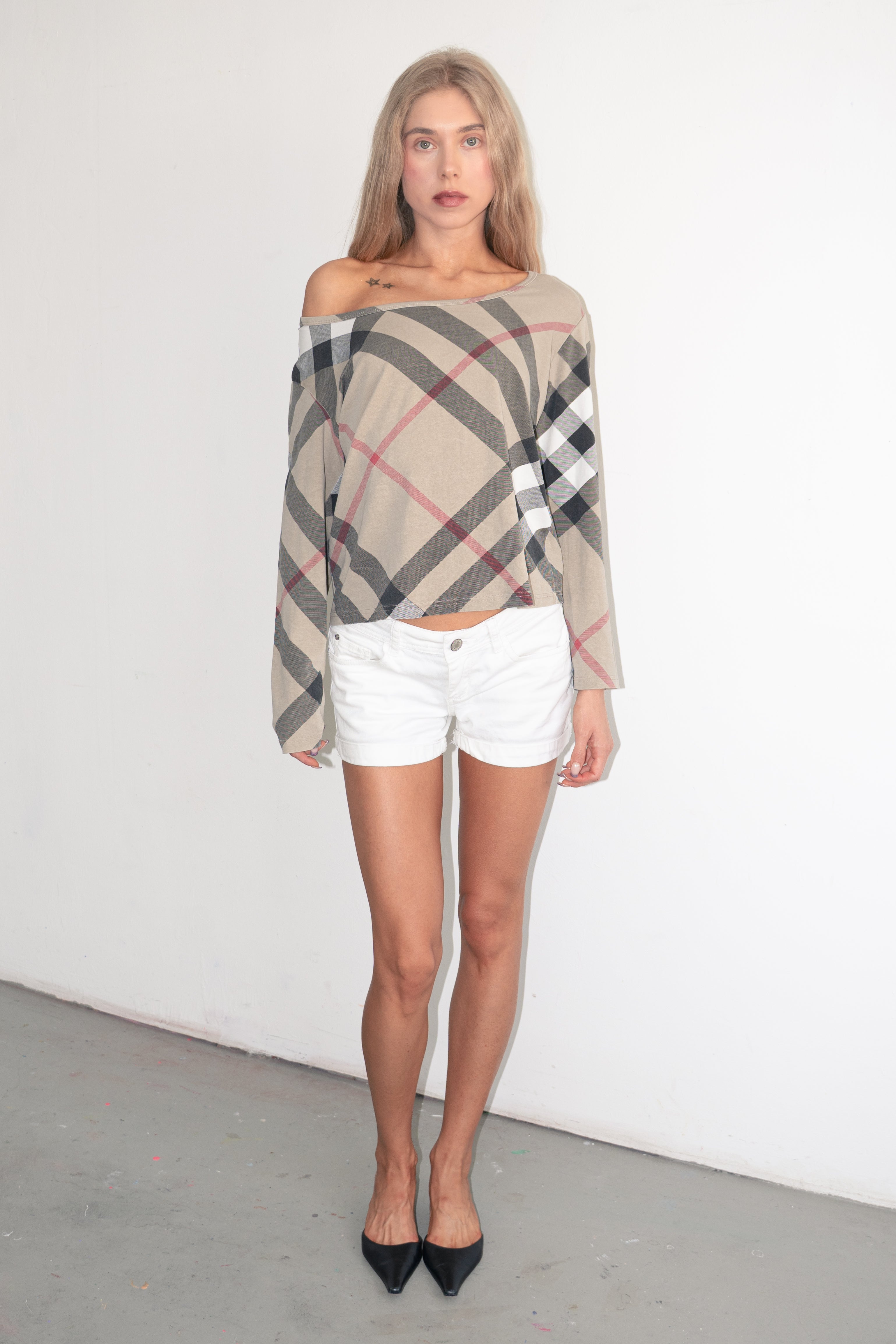Top 3/4 Sleeve Beige Plaid - Size XL