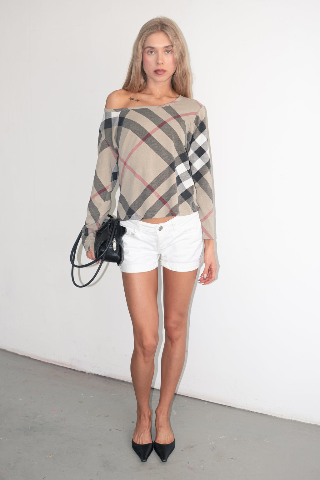 Top 3/4 Sleeve Beige Plaid - Size XL