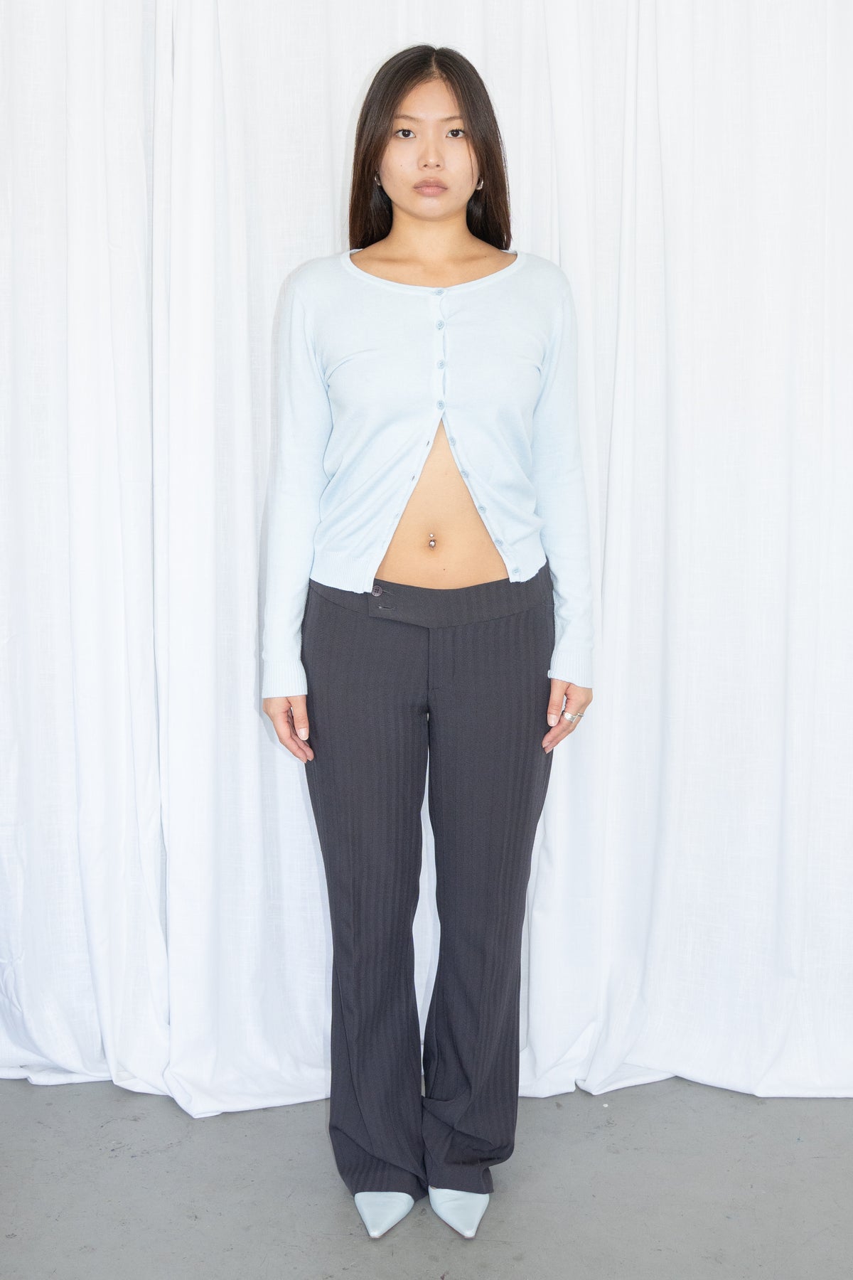 Taupe Low Waist Pinstripe Trousers - Size L