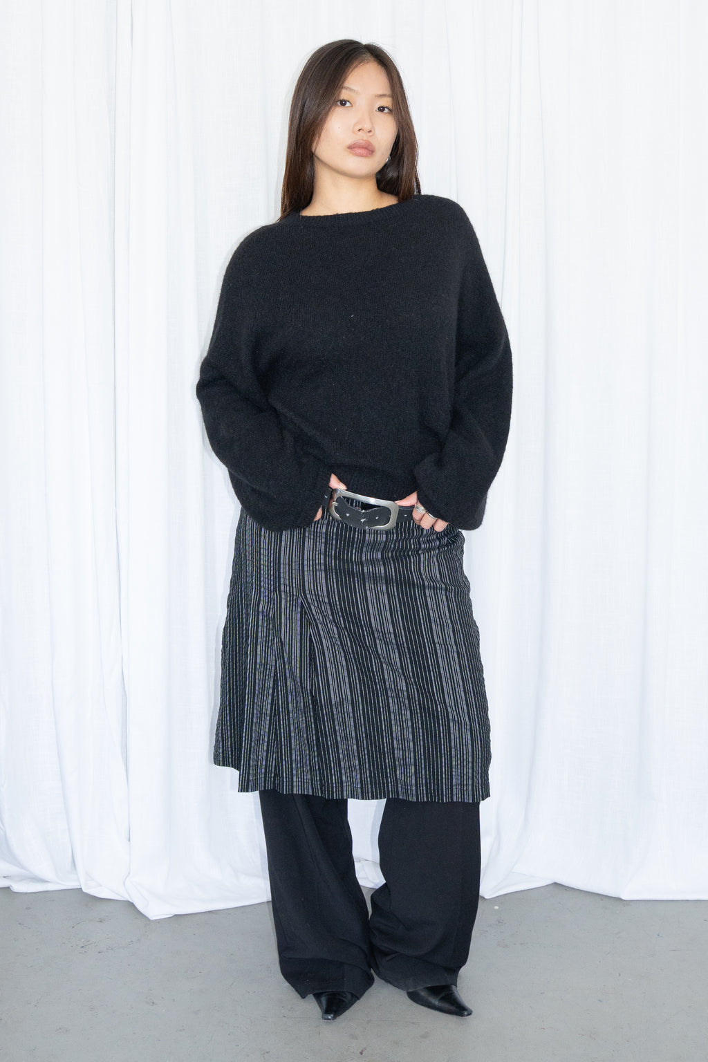 Black Striped Midi Skirt - Size M