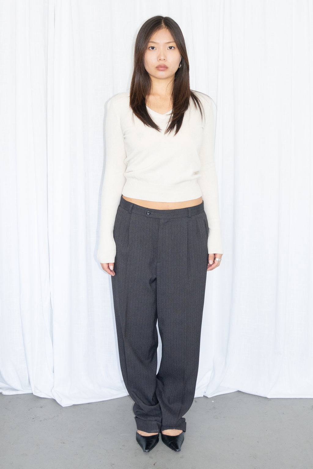 Grey/Black Pinstriped Tailored Trousers - Size L