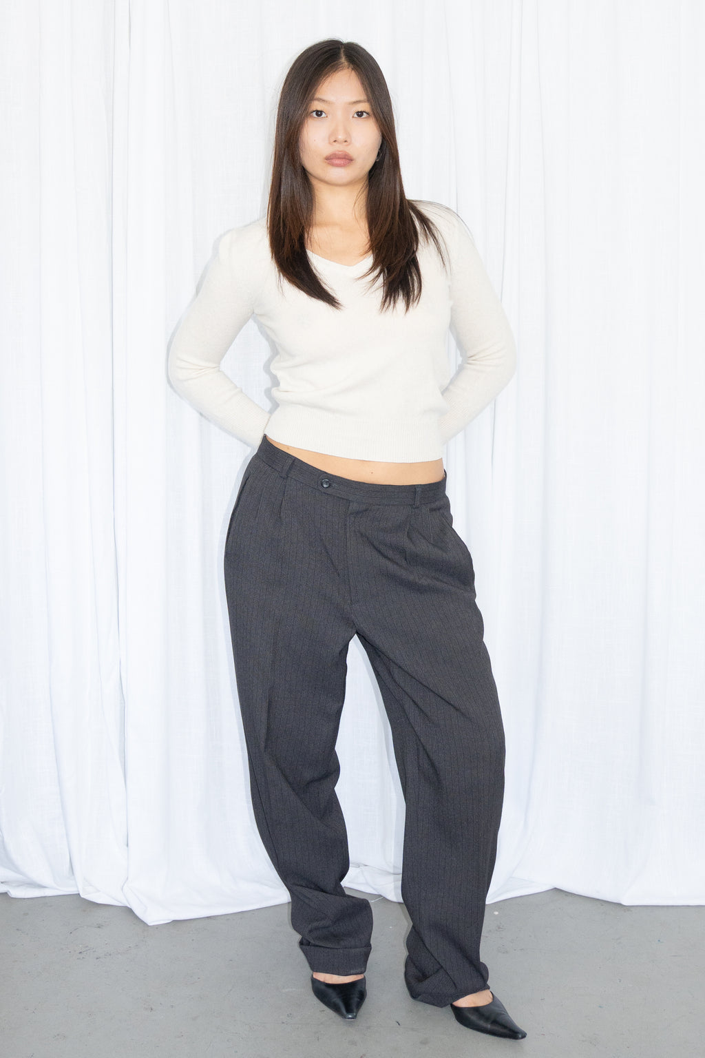 Grey/Black Pinstriped Tailored Trousers - Size L