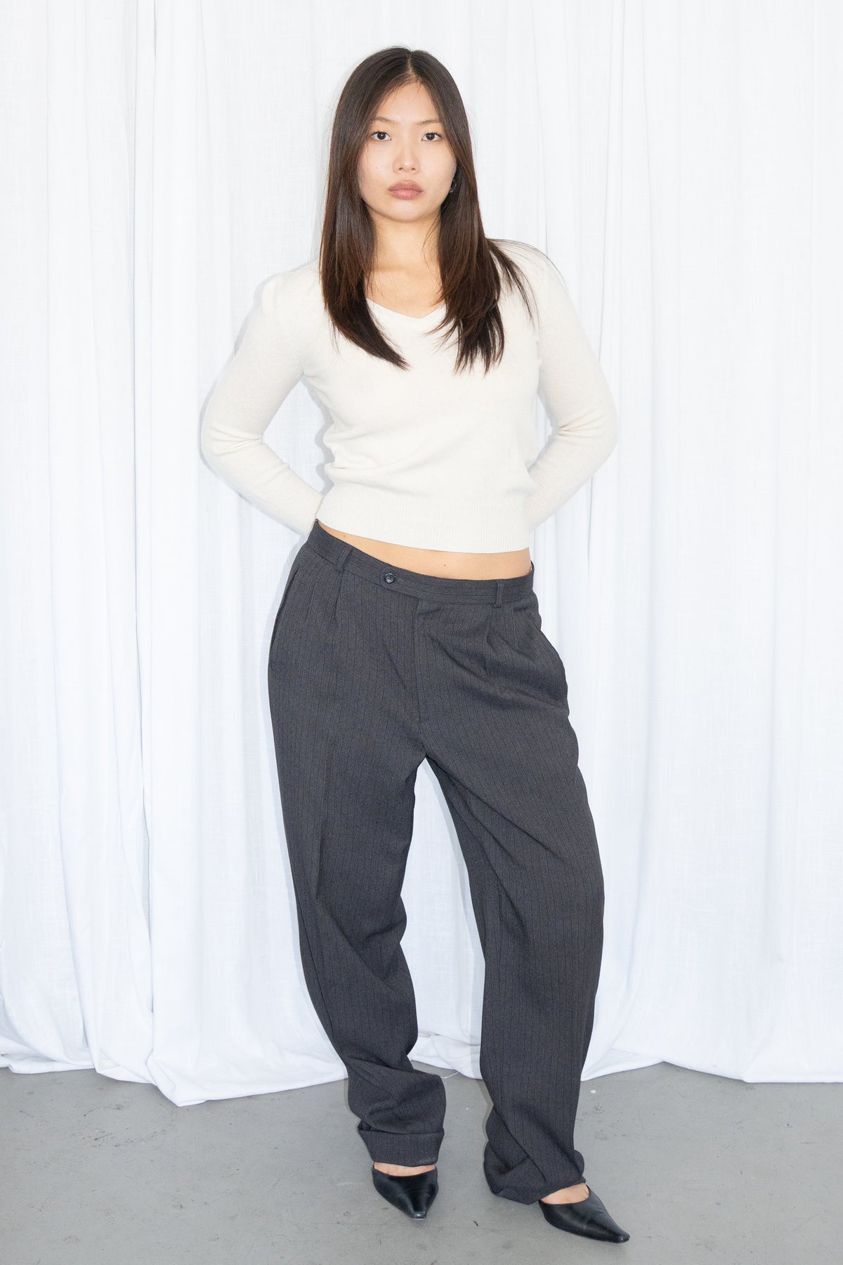 Black Pinstripe Trousers - Size M/L
