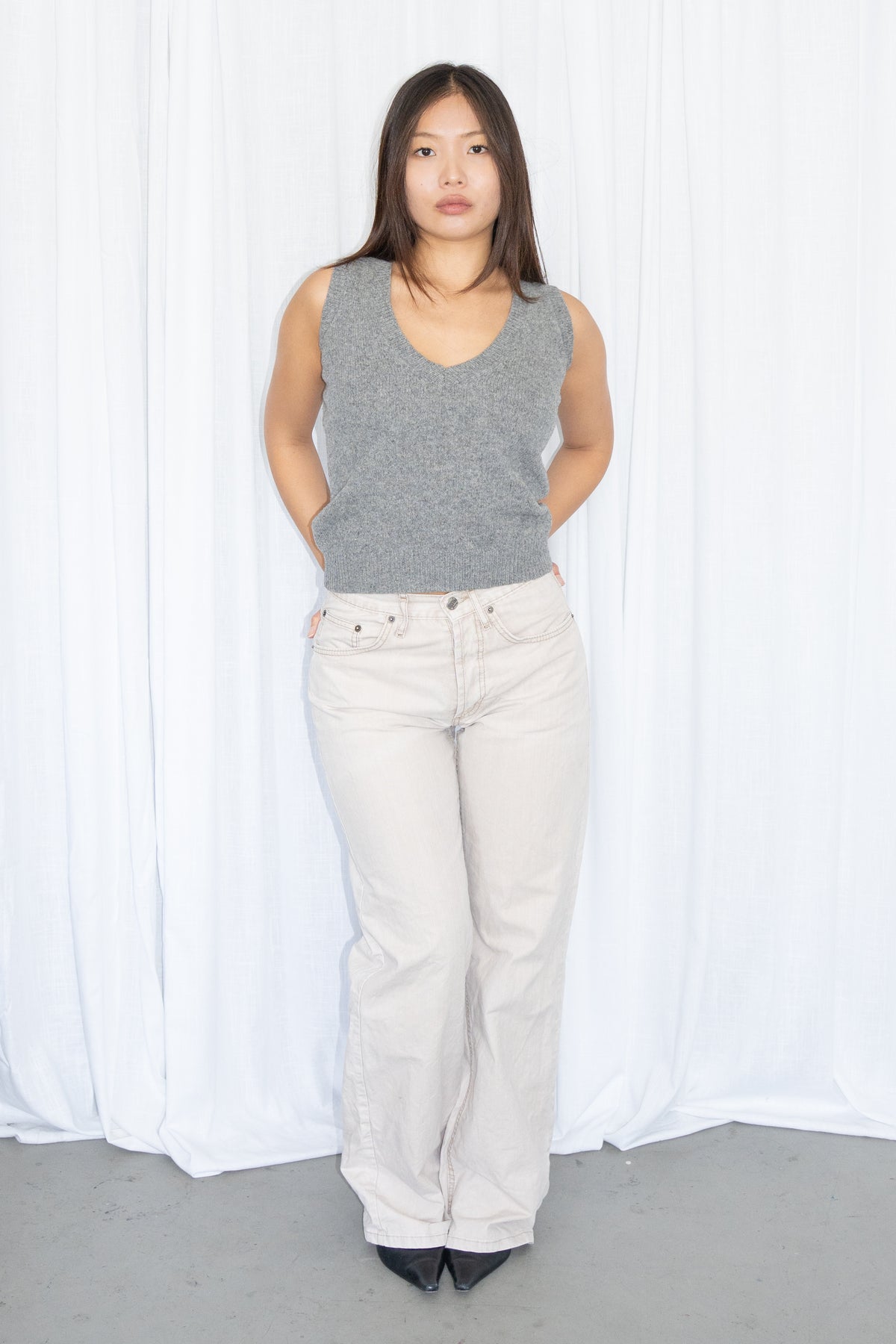 Grey V-Neck Knit Vest 100% Wool - Size S