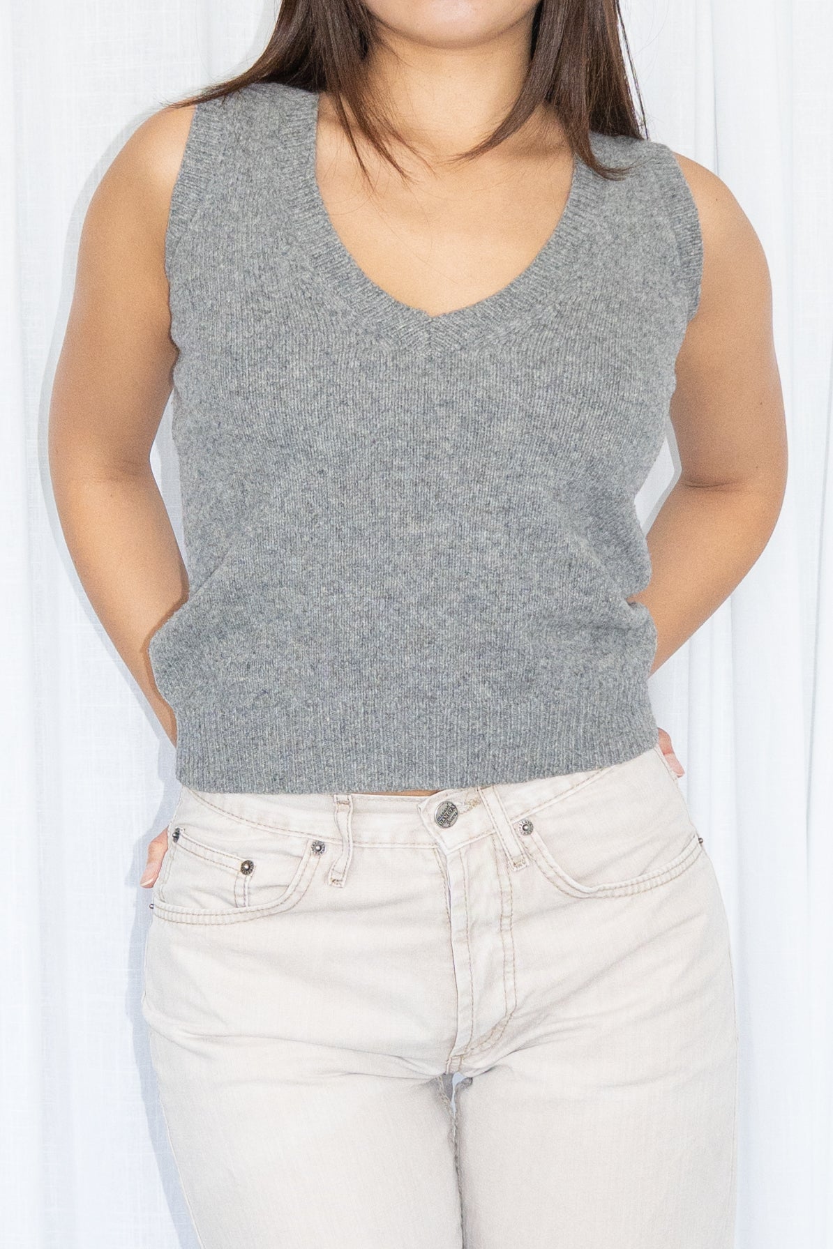 Grey V-Neck Knit Vest 100% Wool - Size S