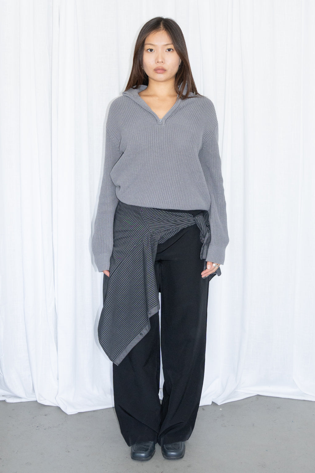Grey Half-Zip Knit Sweater 50% Cotton - Size M