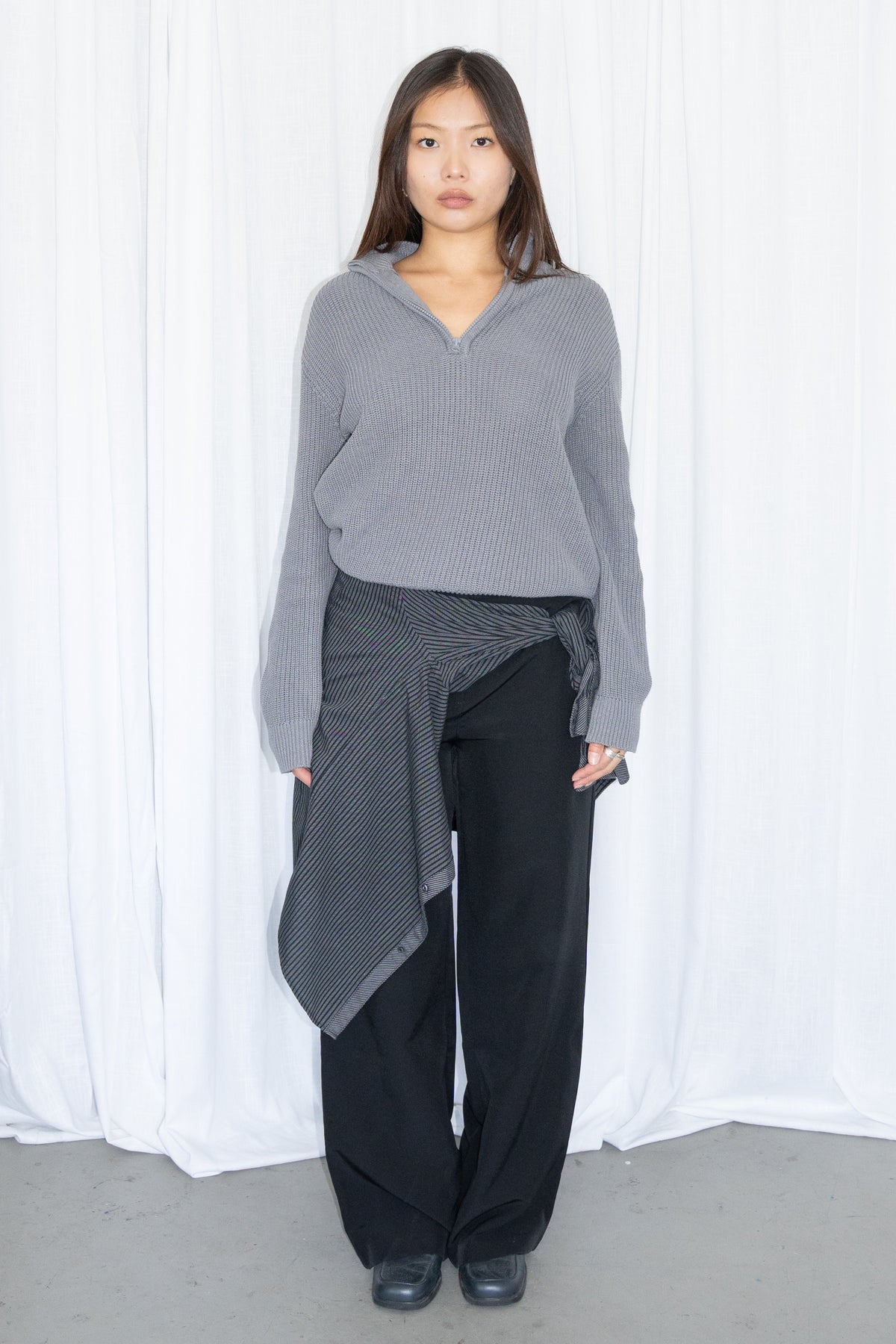Grey Half-Zip Knit Sweater 50% Cotton - Size M
