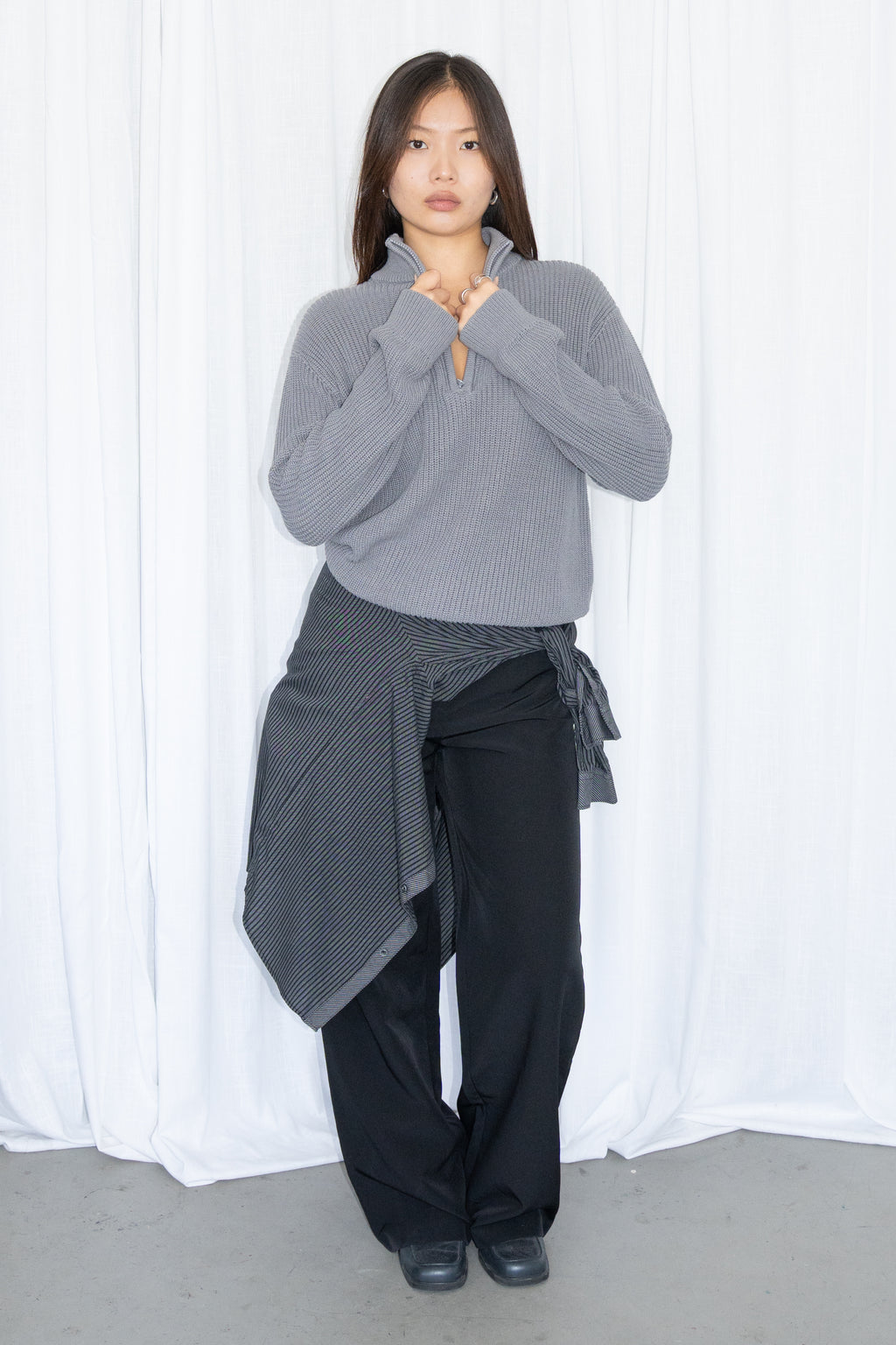 Grey Half-Zip Knit Sweater 50% Cotton - Size M