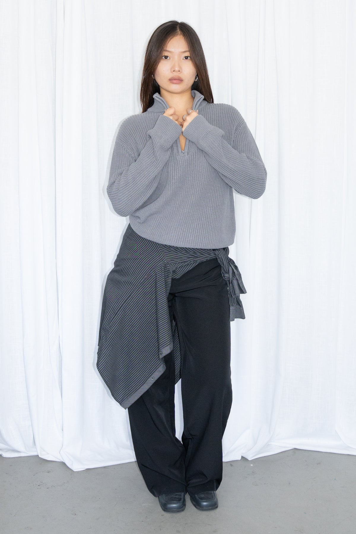 Grey Half-Zip Knit Sweater 50% Cotton - Size M
