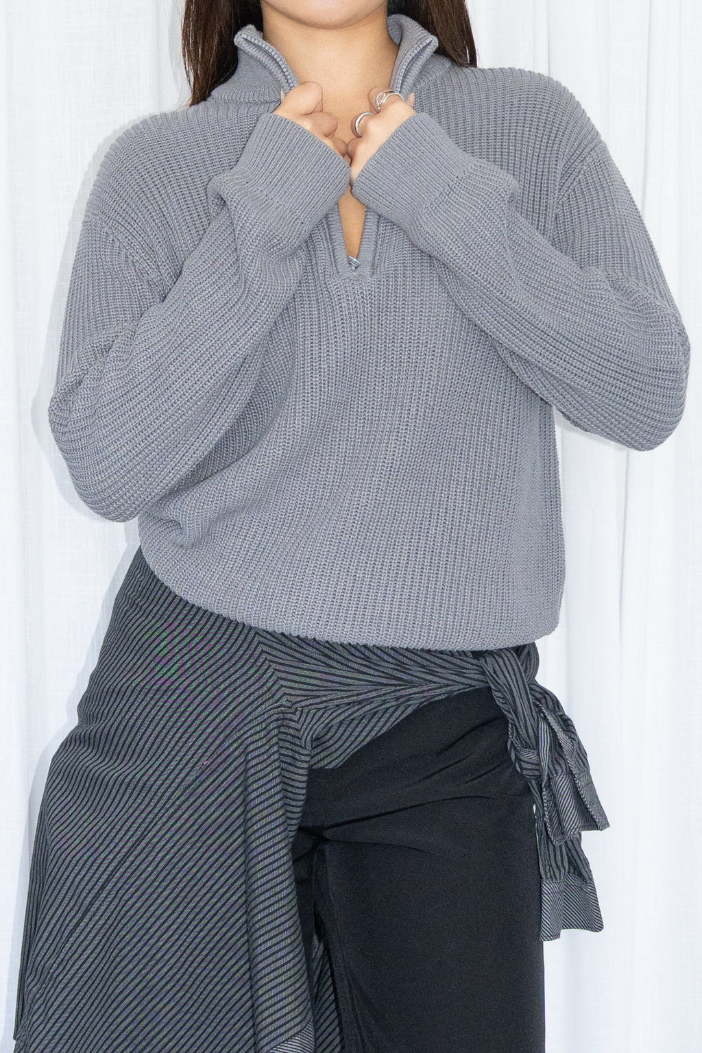 Grey Half-Zip Knit Sweater 50% Cotton - Size M
