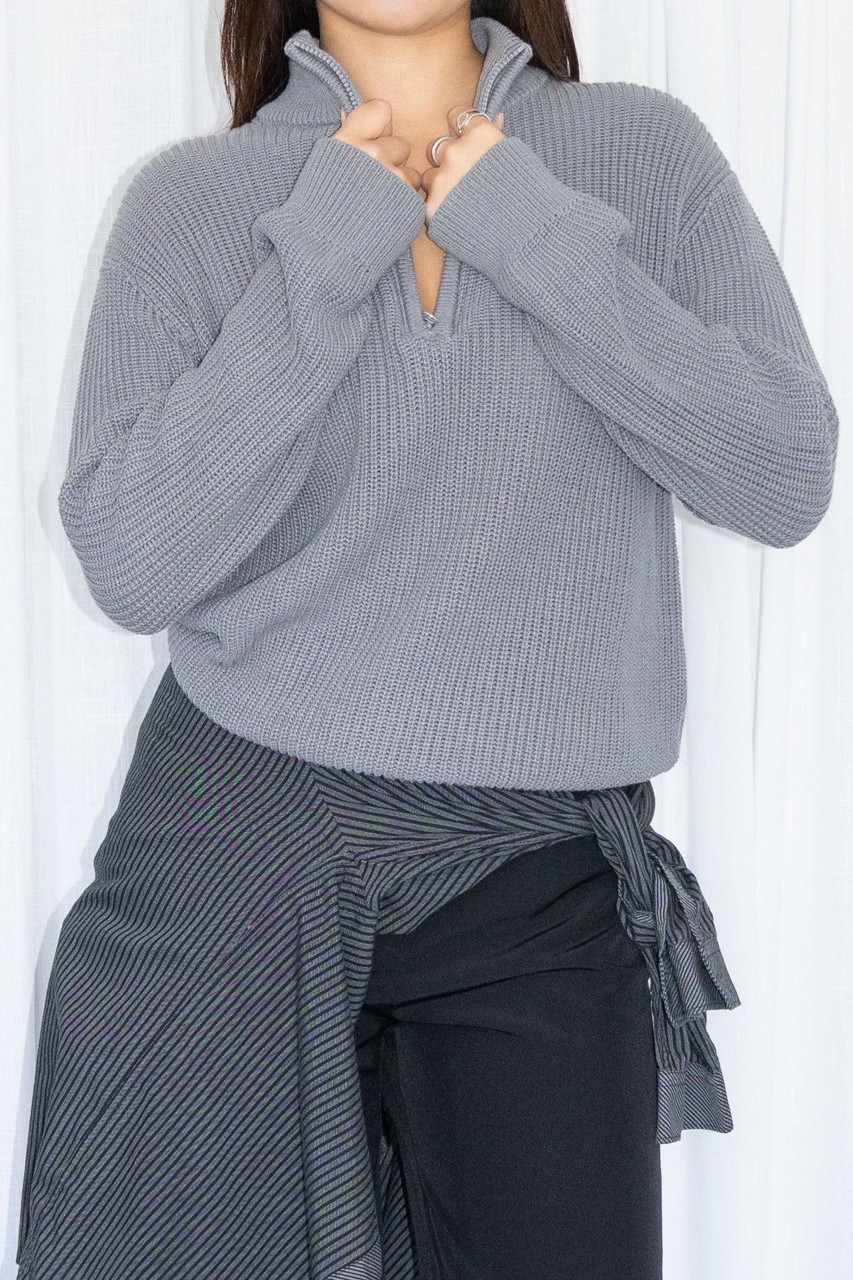 Grey Half-Zip Knit Sweater 50% Cotton - Size M