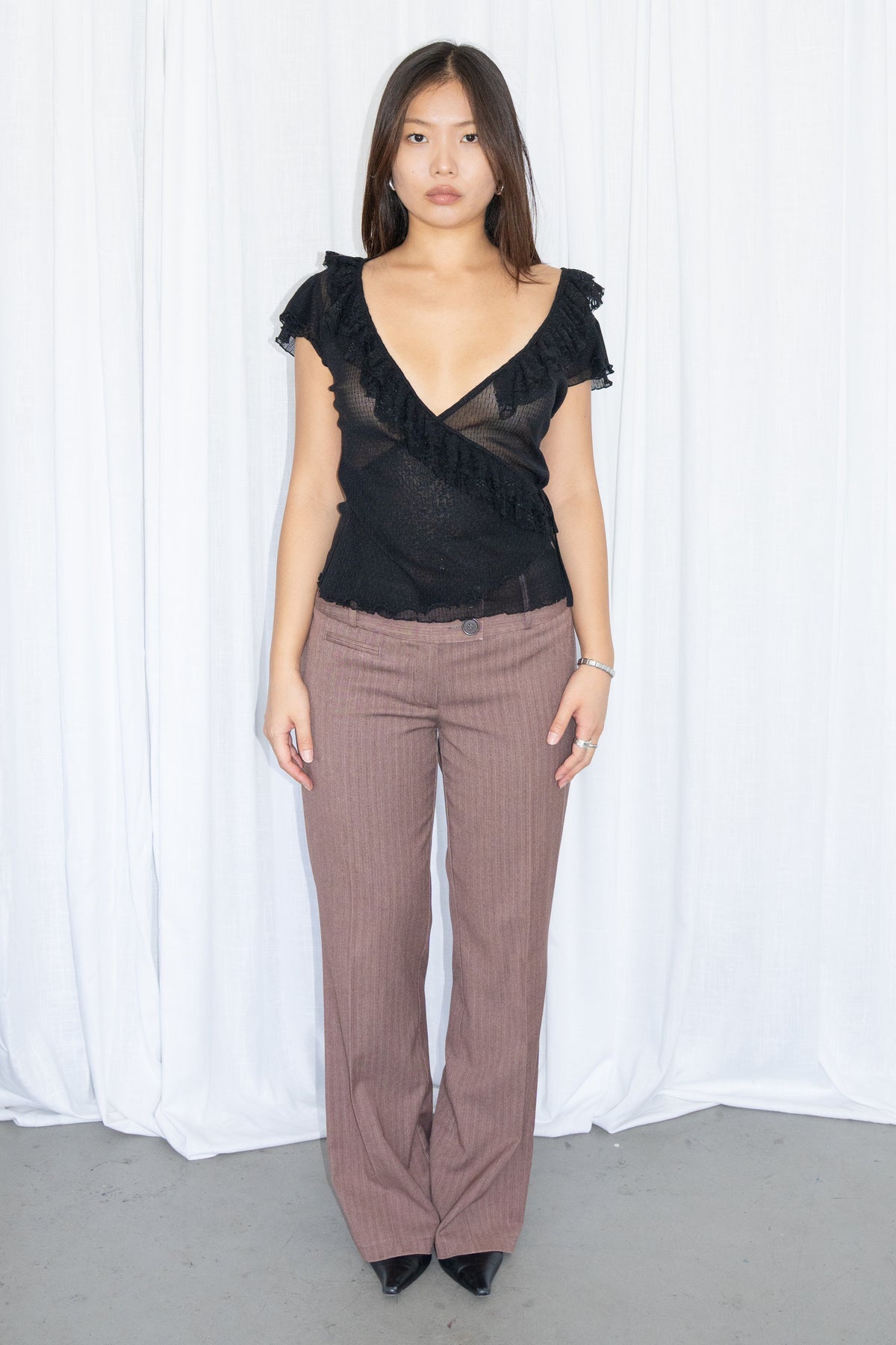 Brown Pinstriped Low Waist Straight Trousers - Size M