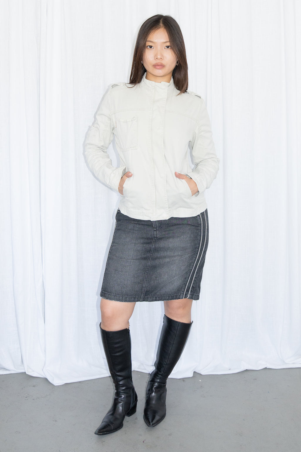 Grey Denim Straight Midi Skirt - Size M/L