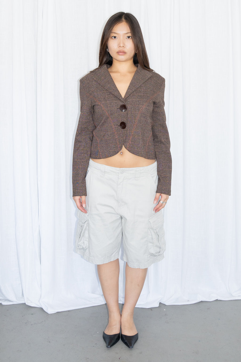 Brown Plaid Cropped Blazer - Size S